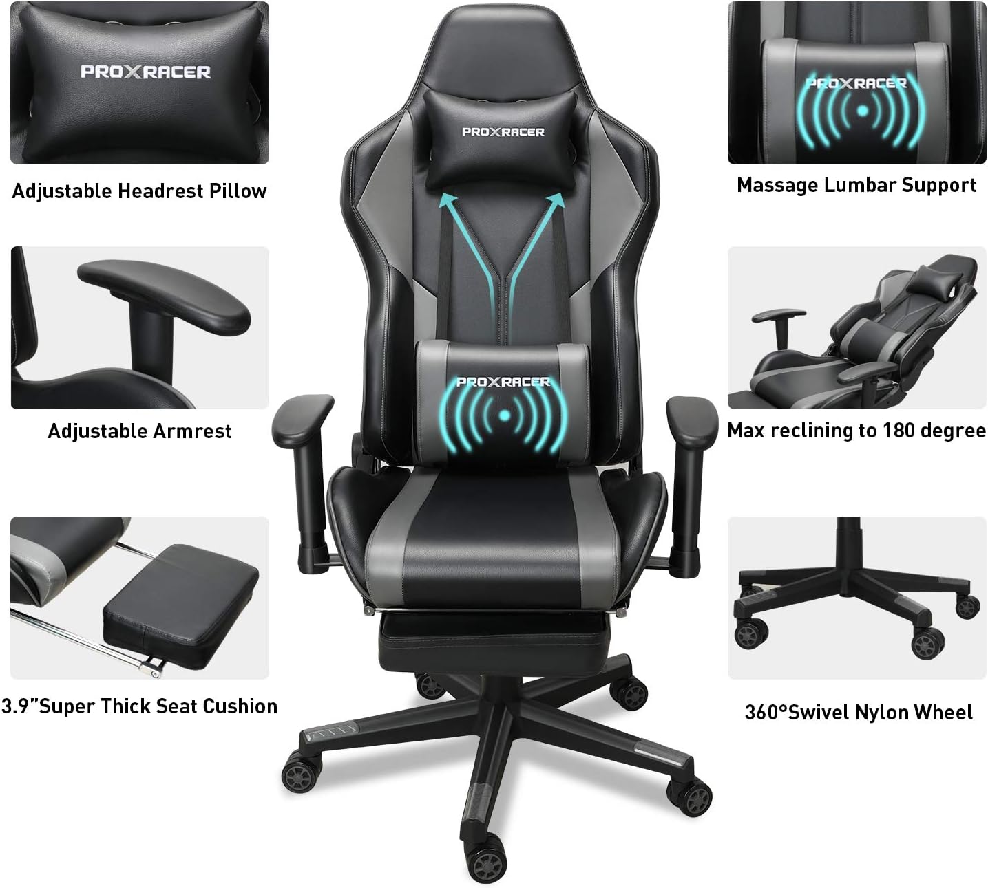 PROXRACER Massage Gaming Chair Office Chair with Footrest Racing Chair Heavy Duty E-Sports Chair for pro Gamer Seat Height Adjustable Multi-Function Recliner with Headrest and Lumbar Support Pillow