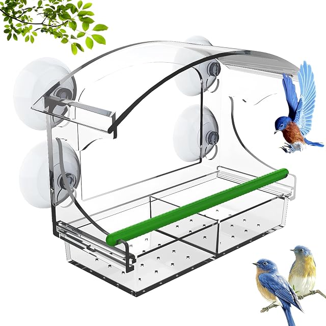 Clear Window Bird Feeder with Strong Suction Cups & Removable Seed Tray | Transparent Acrylic Feeding Station for Cardinals, Finches, Easy-to-Clean, Outdoor Birdhouse for Garden, Yard, Bird Watching