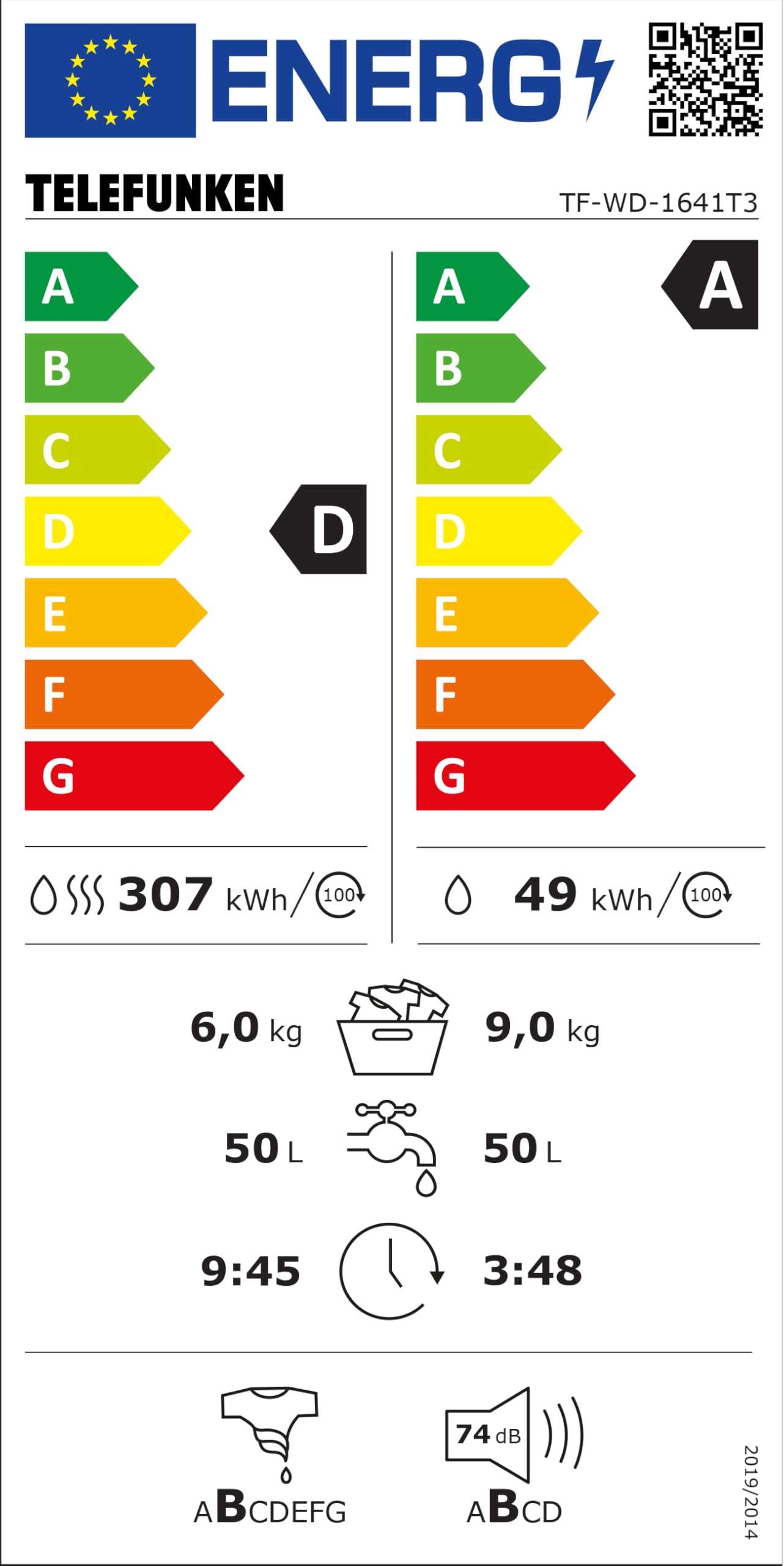 Telefunken Waschtrockner 9 kg Waschen 6 kg Trocknen 1400 U/Min Frontlader Inverter Motor AquaStop Dampffunktion Weiß