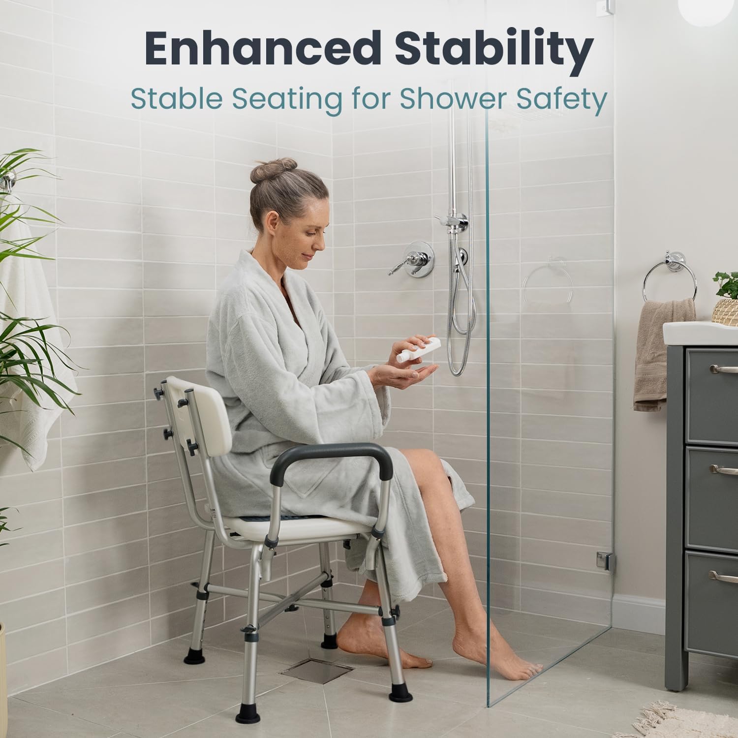 Shower Chair (450lb) with Padded Armrests and Back, Showers Chair for Elderly and Disabled, Adjustable Height Shower Seat, Heavy Duty Shower Chairs for Inside Shower, Handicap - Grey