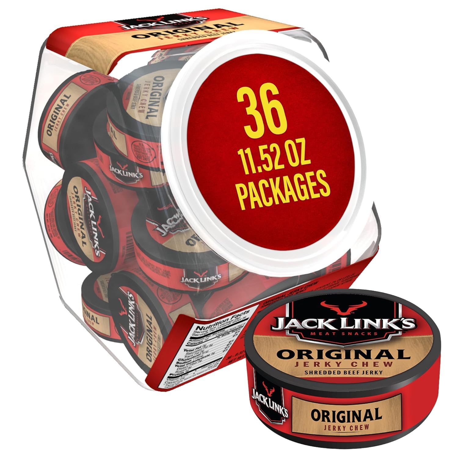 Amazon.com: Jack Link's Original Beef Jerky Chew - (36 Pack) 0.32 oz Tins -  Ready to Eat Protein Snacks - 4g Protein per Serving