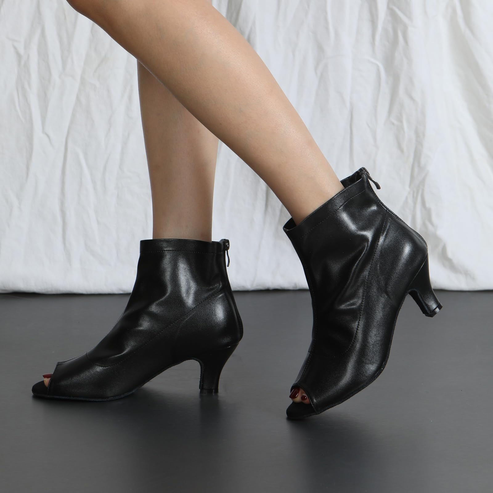 SWDZM Stivali Ballo Latino Donna Punta Aperta Pelle Sintetica | Tomaia in ecopelle morbida ed elastica con punta aperta,pratica cerniera posteriore,suola in pelle scamosciata,tacco da 6 cm