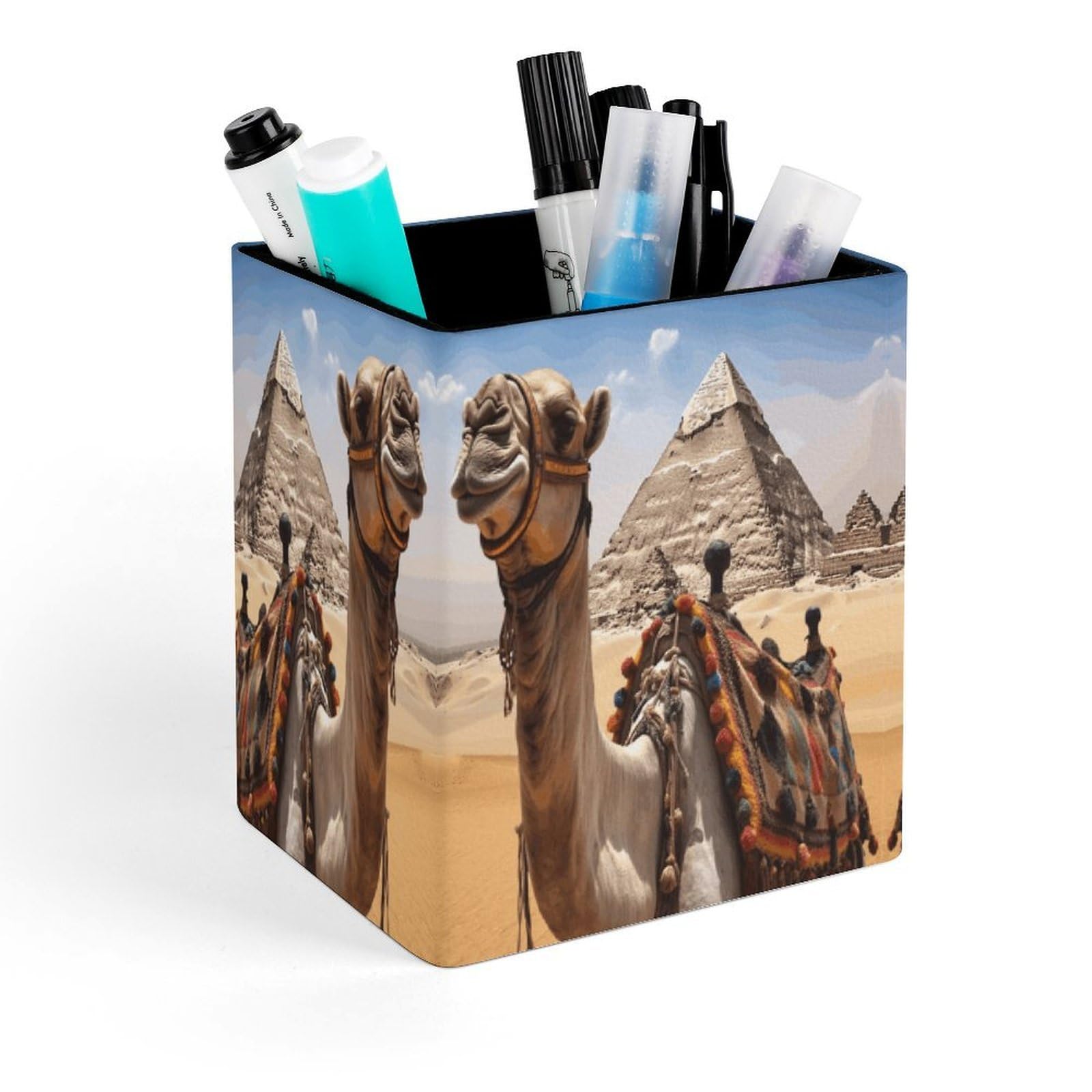 VstaDank Pyramid Camel Pen Holder Square Pencil Holder Leather Pencil Cup Pen Organizer Makeup Brush Holders Pen Cups Desktop Stationery Organizer for Home Office Desk Organizers