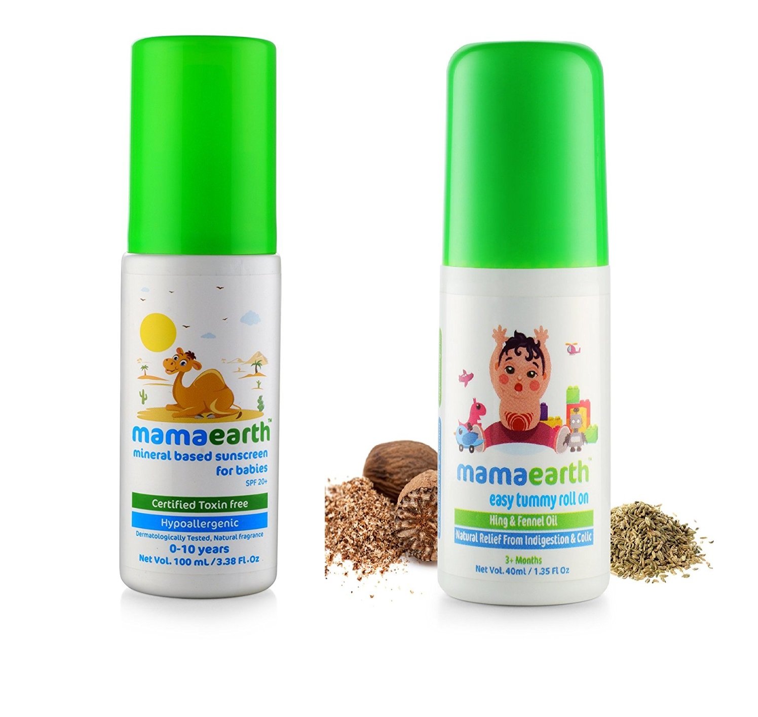 Mamaearth Baby Mineral Based Sunscreen (100 ml) and Easy Tummy Roll on for Digestion, Colic Relief with Hing and Fennel Combo Pack 40ml