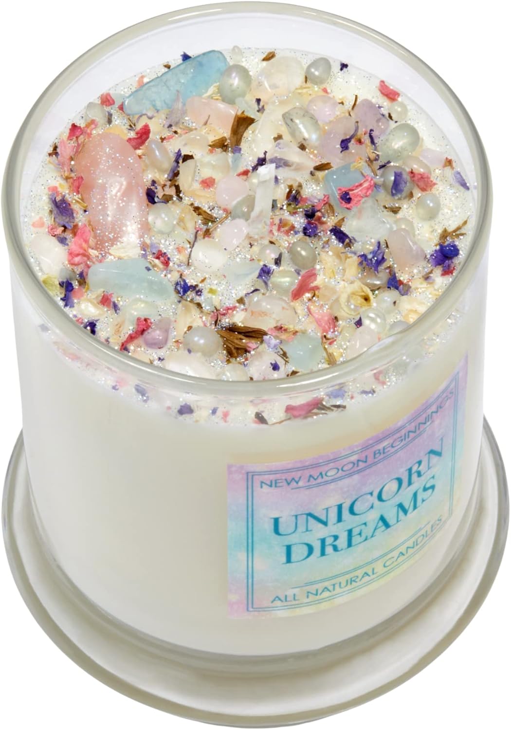 Unicorn Candle by New Moon Beginnings - Dried Flower & Crystal Candles - Soy Candles - Glitter Unicorn Candle - Angel Aura Quartz, Aquamarine, Rose Quartz - (12 Ounce Glass Jar)