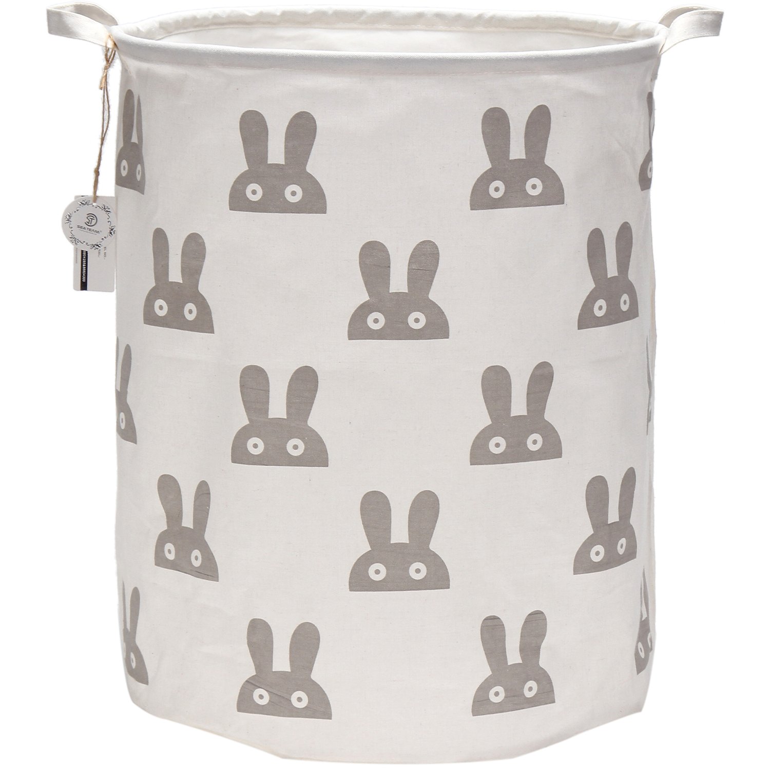 Sea Team 19.7" Large Sized Waterproof Coating Ramie Cotton Fabric Folding Laundry Hamper Bucket Cylindric Burlap Canvas Storage Basket with Cute Bunny Design Grey ST-LHBunny Grey