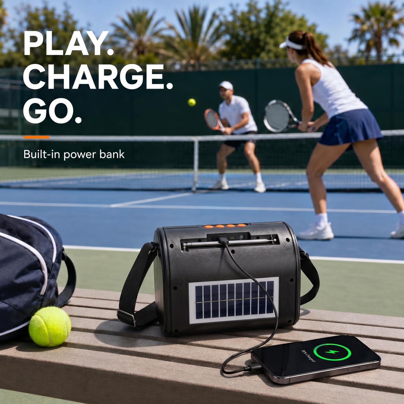 Altoparlante, grande boombox Bluetooth portatile con batteria ricaricabile, con funzione solare e radio, fino a 20 ore di autonomia, USB-C, ingresso AUX integrato, nero