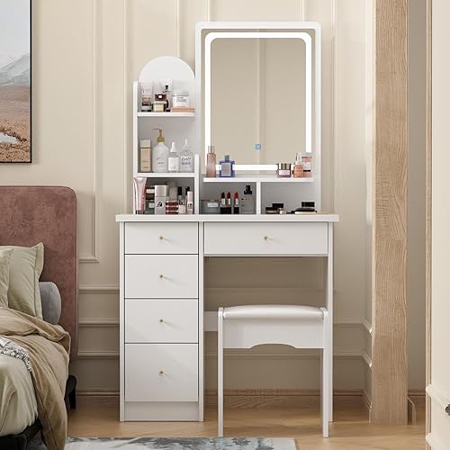 FUFU&GAGA Vanity Set with Rectangular Mirror, Makeup Vanity Dressing Table with 5 Drawers, Shelves, Dresser Desk and Cushioned Stool Set (B White/Lighted Mirror)