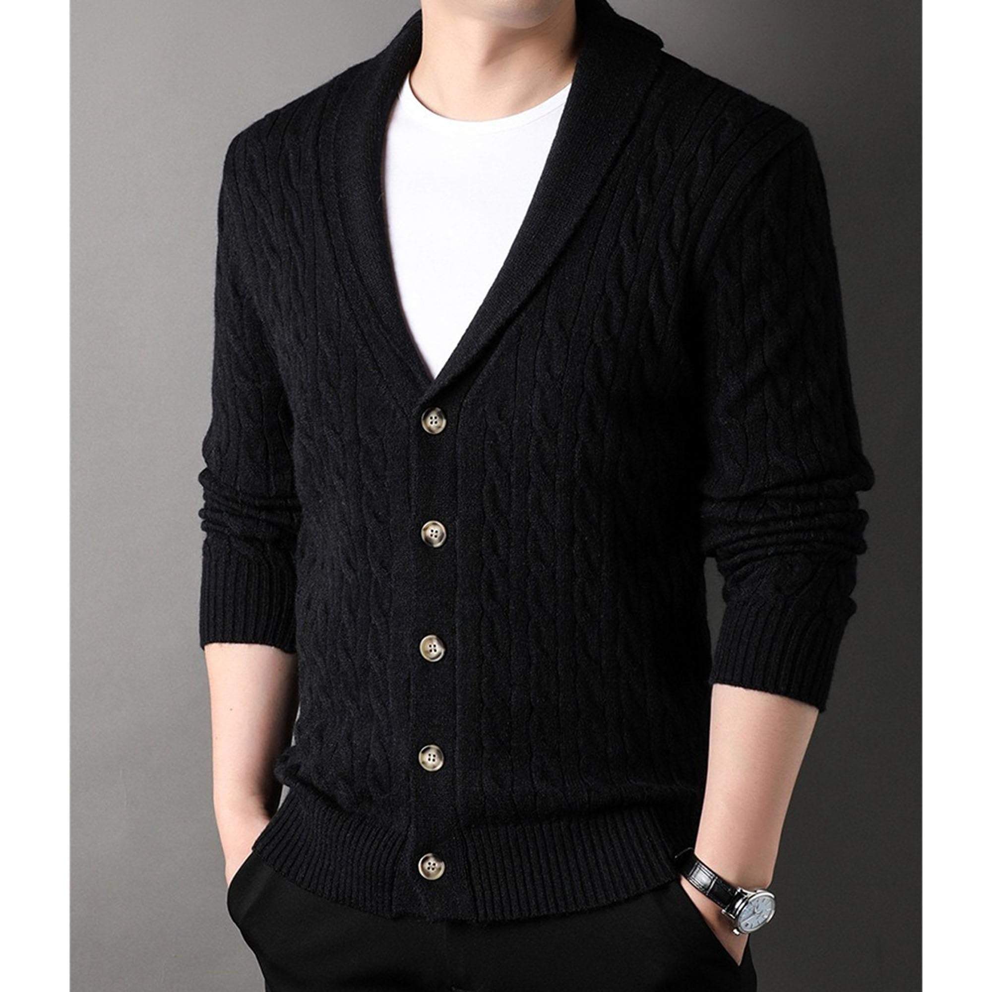 Cárdigan de punto trenzado para hombre, con cuello de chal, con botones, mezcla de lana, ropa de punto casual con botones