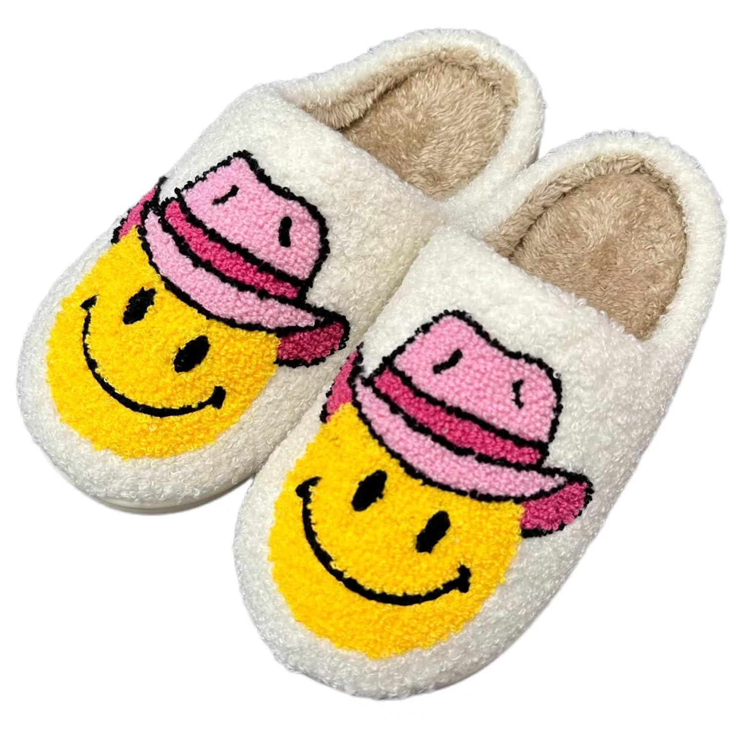 Happy Face Slippers for Kids Smile Face House Slippers Soft Plush Warm Preppy Slipper Anti-Slip Winter Fuzzy House Shoes for Toddler Girls