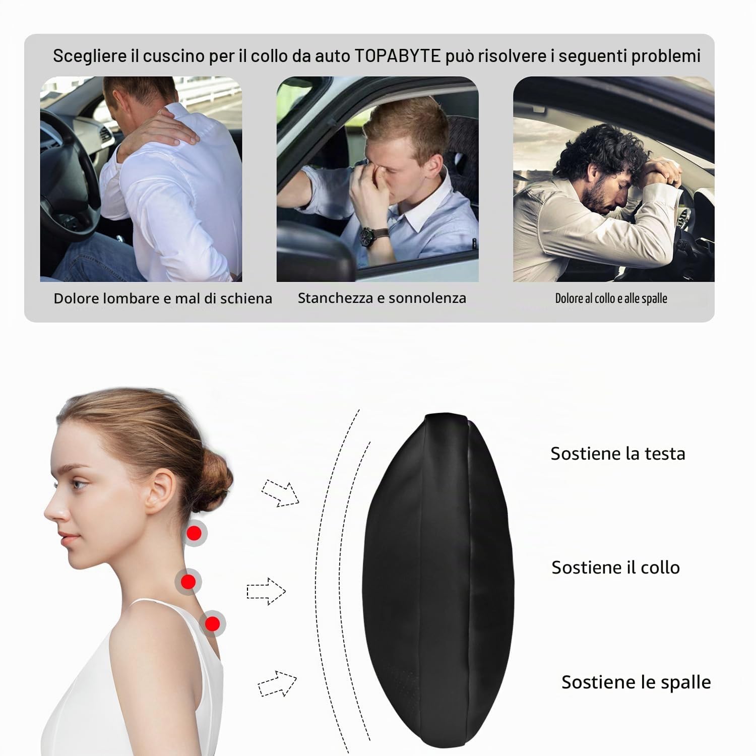 TOPABYTE 2x Cuscino Poggiatesta Auto, Supporto Testa per il Collo per lo Schienale dell'Auto in Vera Pelle Nappa Cuscini Cervicale per Sedile Auto Guidatore, Confortevoli e Traspiranti, Nero
