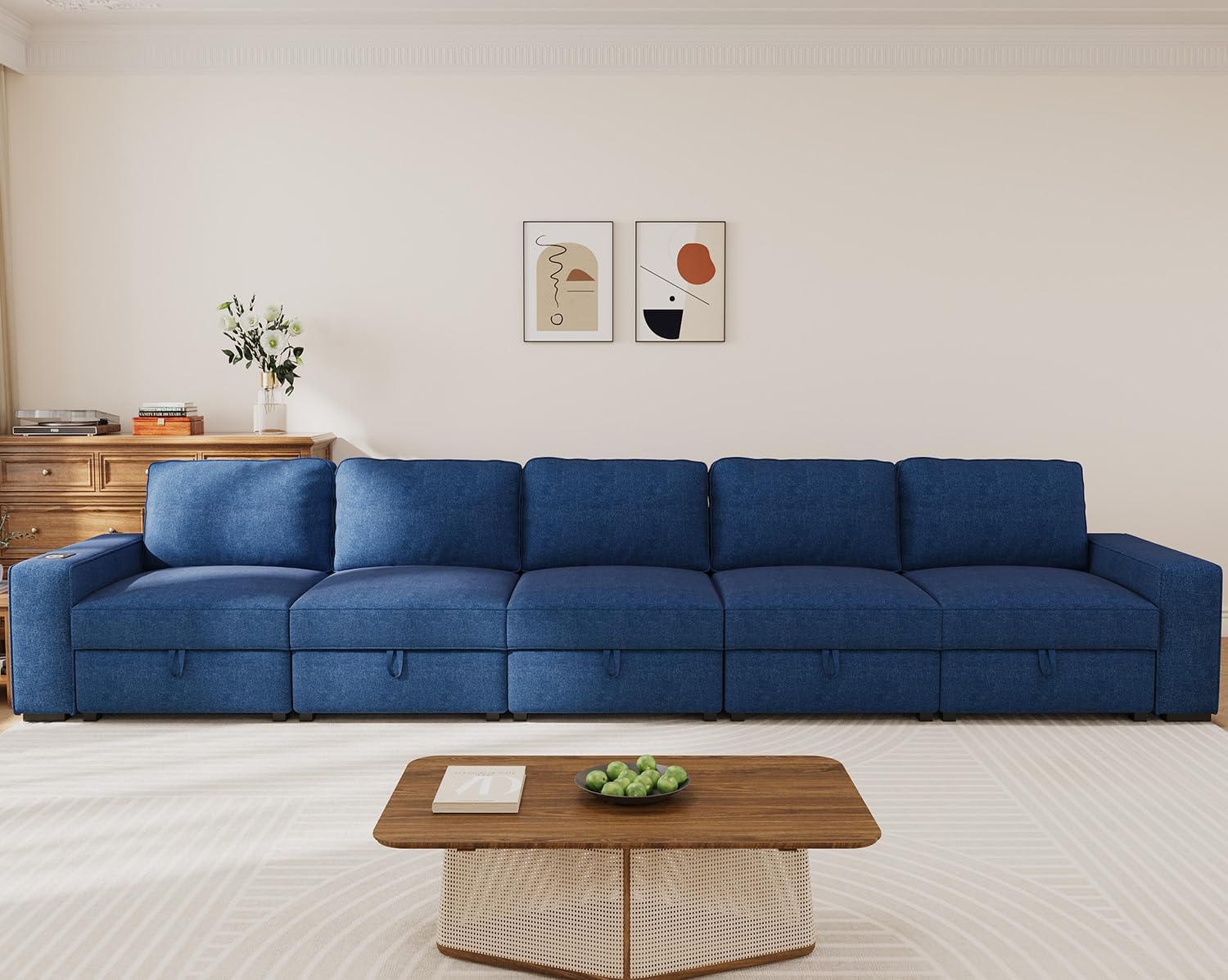 183" Modular Sectional Sofa with Storage Seat, Comfy 5-Seater Linen Couches with Wireless Charging/USB/Type-C for Living Room, Office, Apartment, Upholstered Deep Seat Couch (Dark Grey)