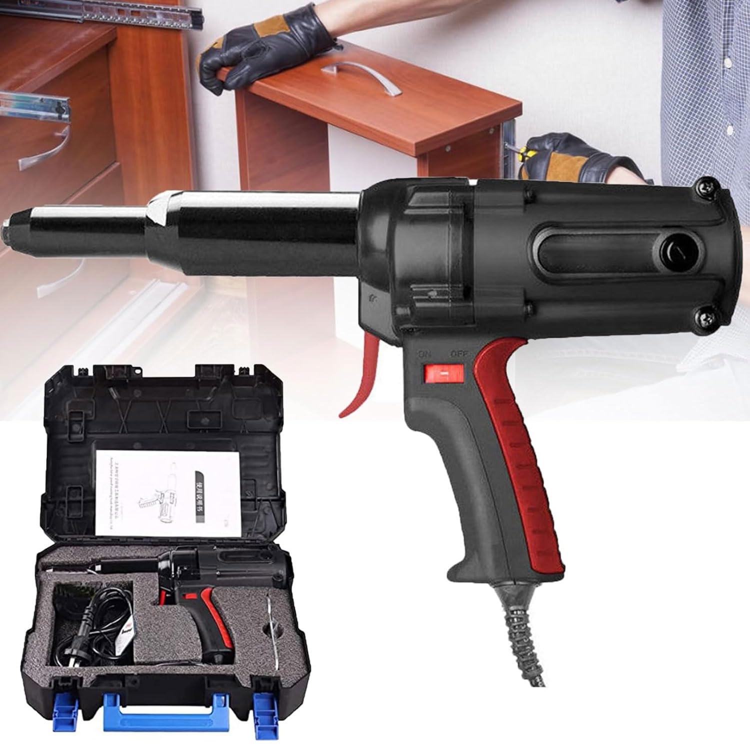 Elektryczny pistolet do nitowania, 16000N wytrzymała ręczna nitownica do 4,0-6,4 mm, nitownica do nitów metalowych