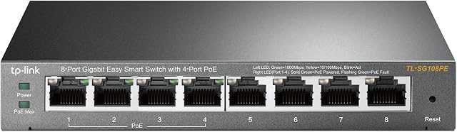 TP-Link TL-SG108PE | 8 Port Gigabit PoE Switch | Easy Smart Managed | 4 PoE+ Ports @64W | Plug & Play | Sturdy Metal w/ Shielded Ports | Fanless | QoS, Vlan & IGMP | Limited Lifetime Protection