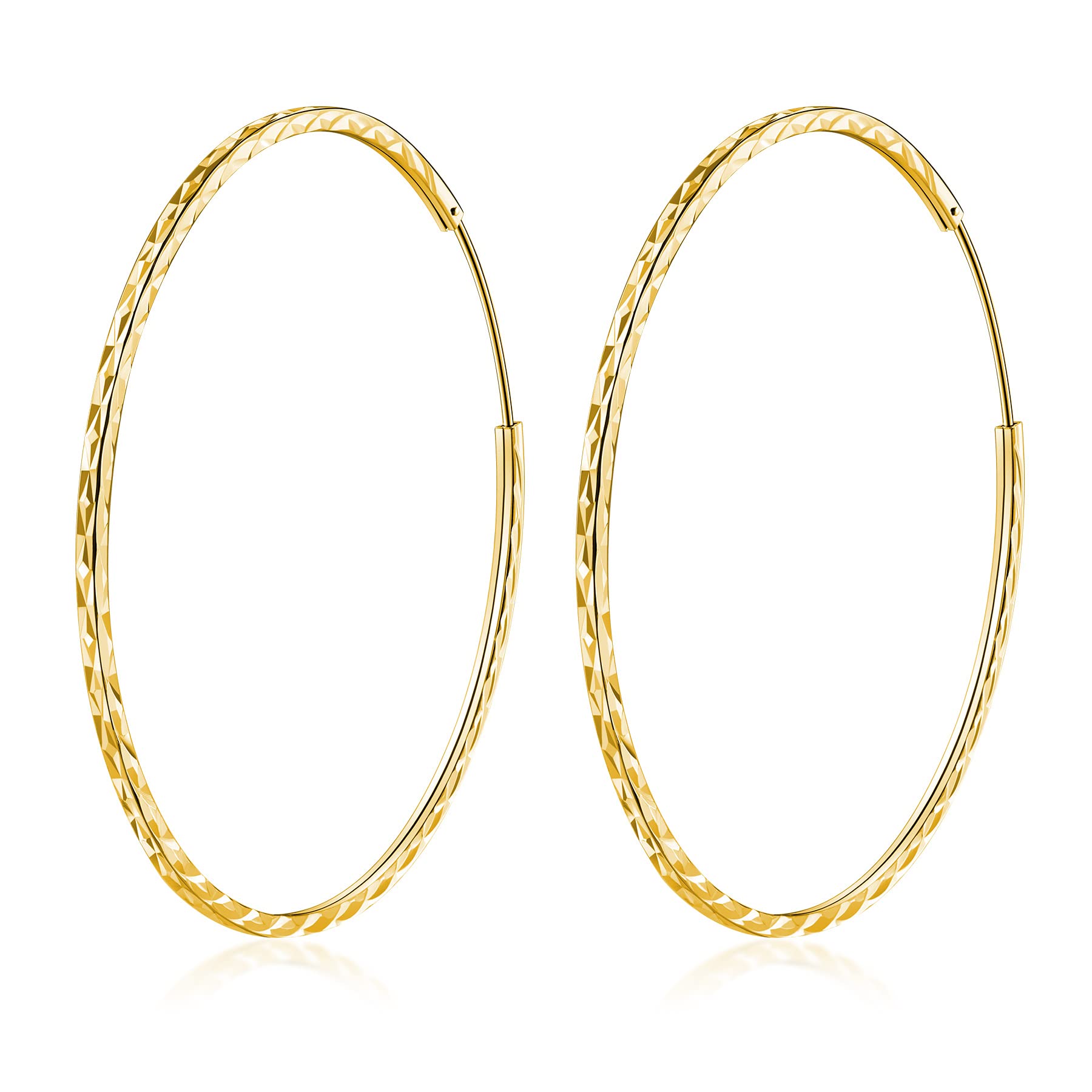 T400925 Sterling Silver Hoops Diamond Cut Round Circle Lightweight Gold Plated Hoop Earrings Small and Large 20 30 40 50 60 70 mm Birthday Gift for Women Girls