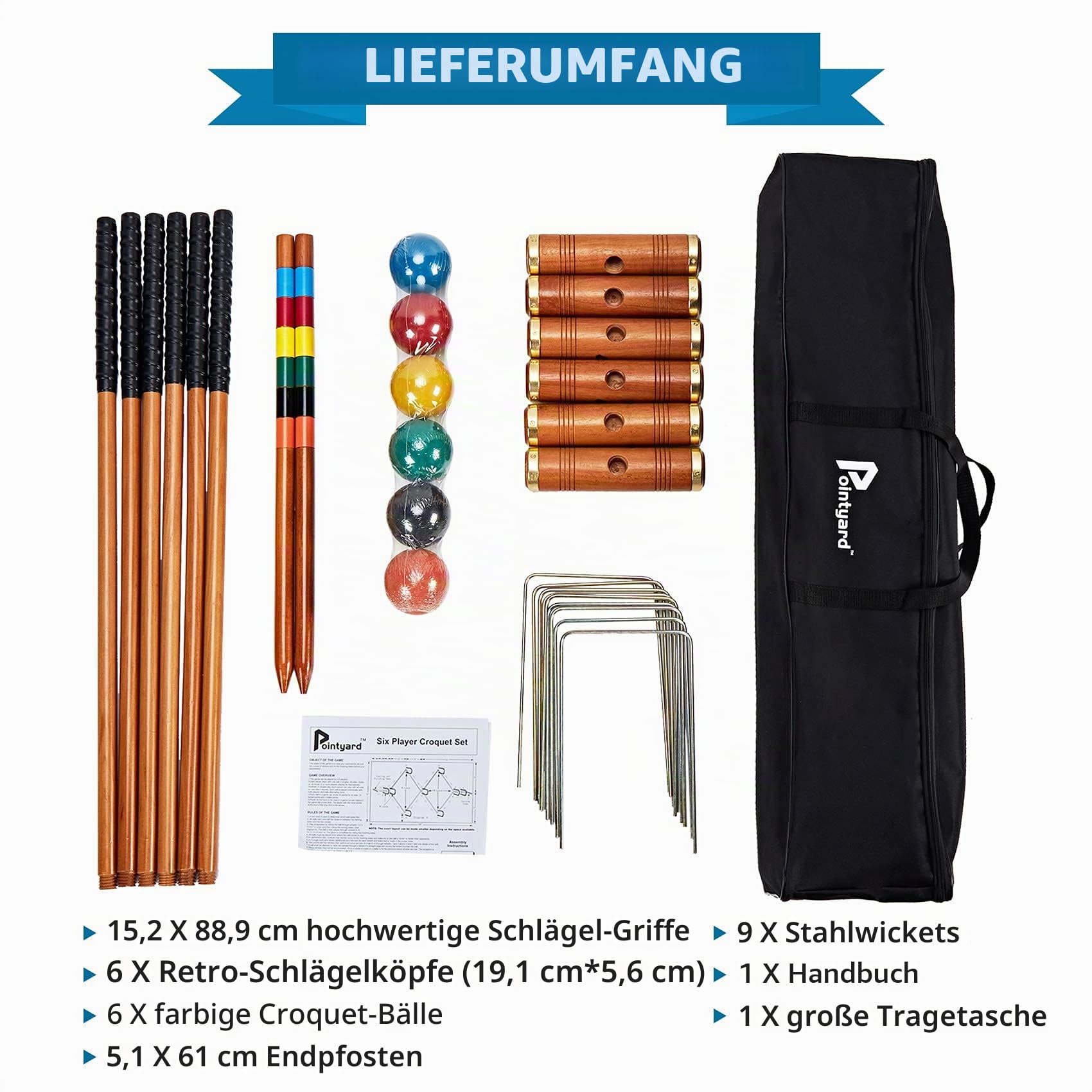 Krocket-Set für 6 Spieler, Deluxe-Krocket-Set mit Holzschlägeln, farbigen Kugeln, Wickets, Heringen Erwachsene/Jugendliche/Familie, perfekt Rasen/Hinterhofspiel/Park (inkl. Tragetasche)