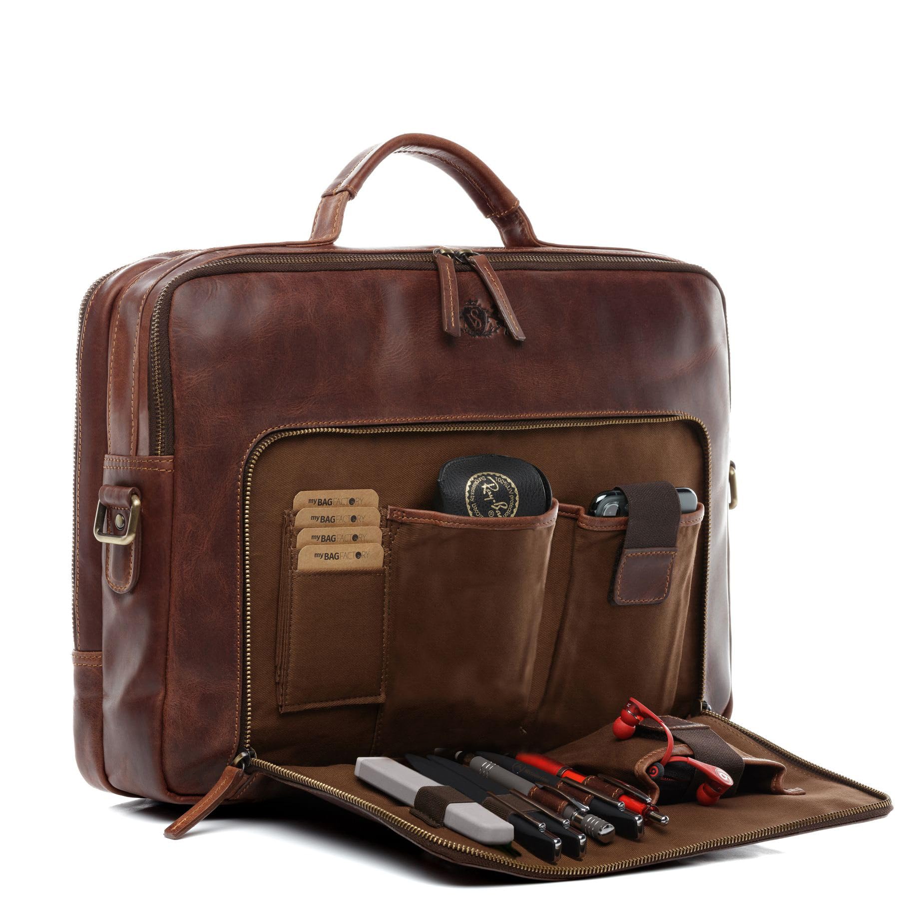 SID & VAIN Sac Ordinateur Portable Cuir véritable 15.4 Pouces Simon Mallette Professionnelle bandoulière XL Grand pour Hommes et Femmes Serviette de Travail Etudiante Marron