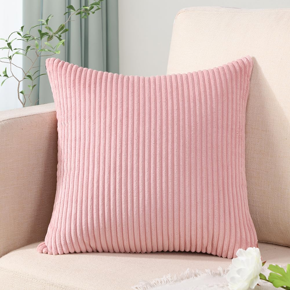 Artscope Cozy Striped Corduroy Pillow Covers Super Soft Decorative Square Throw Pillow Covers Case Cushion Covers for Sofa Couch Bedroom Car Decor 18 x 18 Inches, Pink