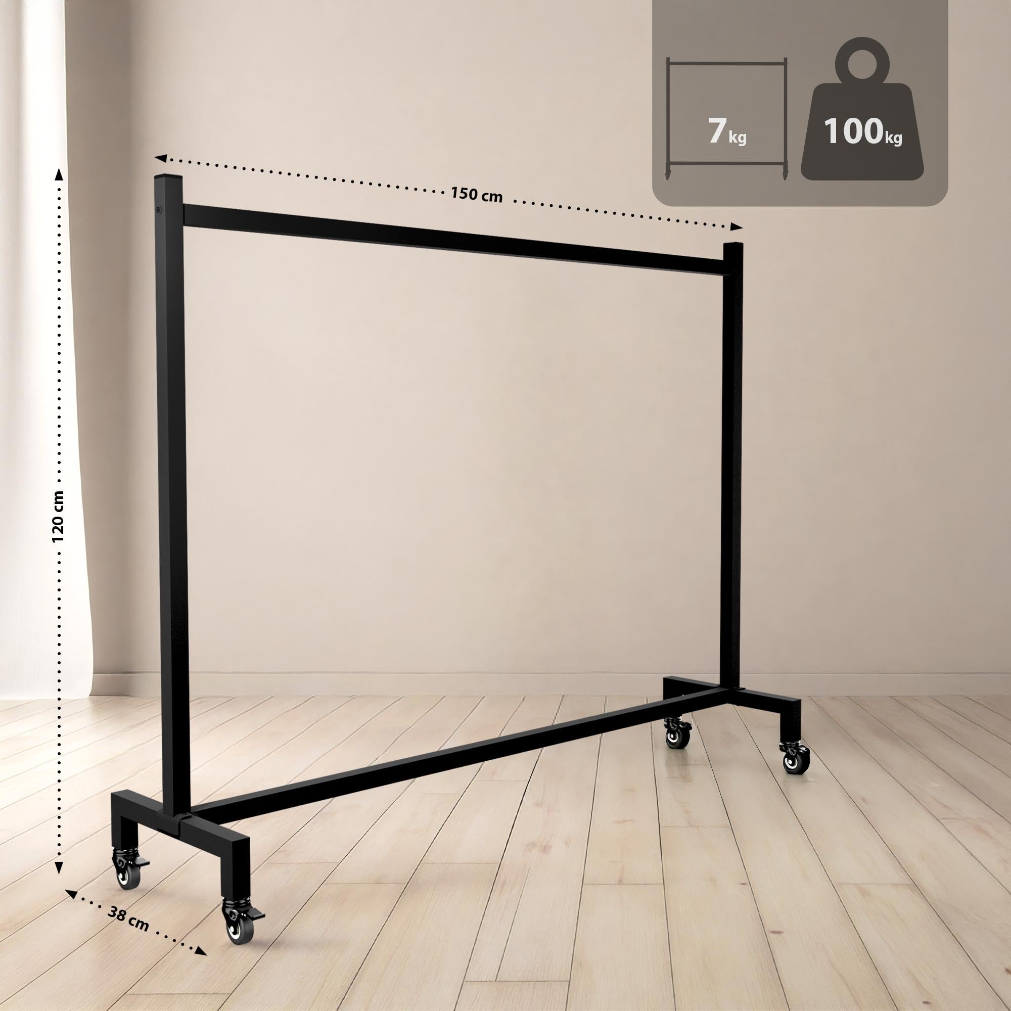 CLP Kleiderständer rollbar Gisborne mit Stahl-Gummirädern, schmaler Garderobenständer für Flur, Schlafzimmer, Ankleide und Boutique, mobil, Farbe:schwarz, Größe:150x38x120