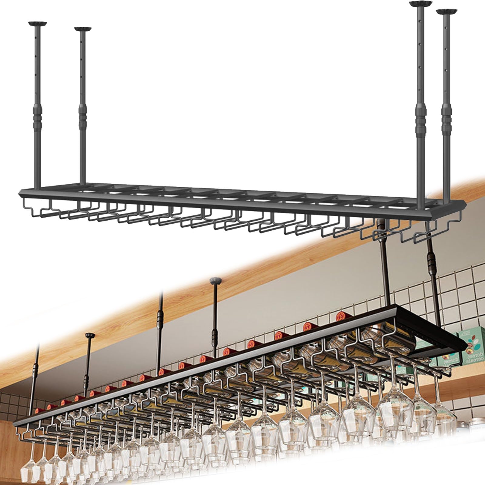 ASYJVWYZ Suspended Wine Rack Holder, Black Adjustable Ceiling Wine Bottle Storage Shelf, Heavy-Duty Metal Bar Organizer For Home(Style A,120x30cm/47x12in)
