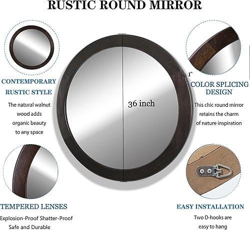 Miniatura 23 de CULER Espejo redondo de madera de 24 pulgadas, espejo circular con marco de nogal para pared, espejo de pared redondo decorativo rústico para baño