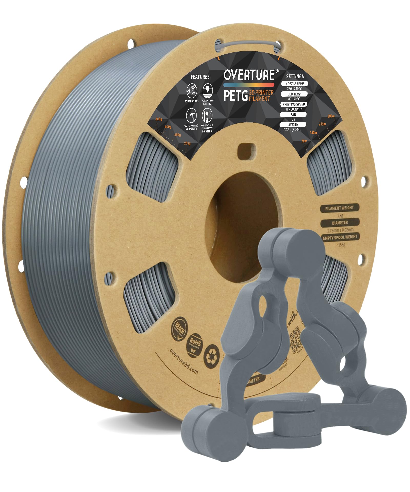OVERTURE Filamento PETG 1.75mm, 1kg Bobina(2.2lbs), Neatly Wound Durevole PETG Filament per Stampante 3D, Precisione Dimensionale +/- 0.02 mm, 3D Printer Filamento (Grigio Chiaro)
