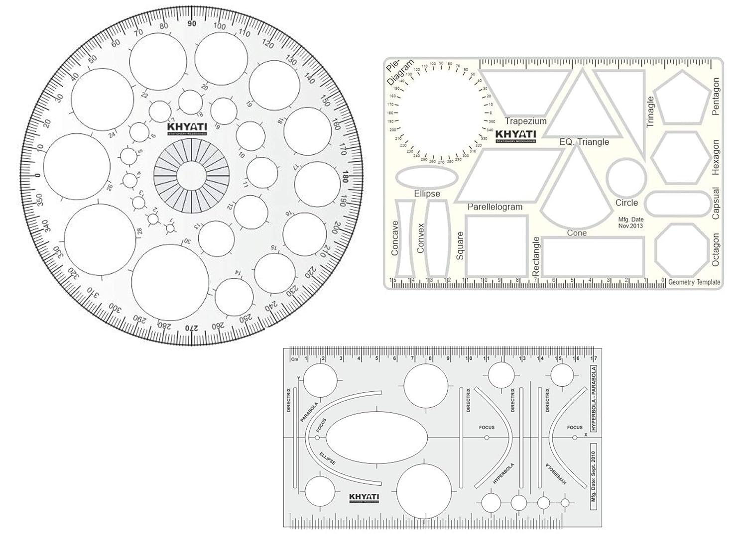 NTGS Plastic Pro Circle with 25 Circles, Hyperbola- Parabola Template, Geometry Template, Drafting Scale Ruler Very Useful to Architect, Engineering Students, Office Employee (Set of 3)