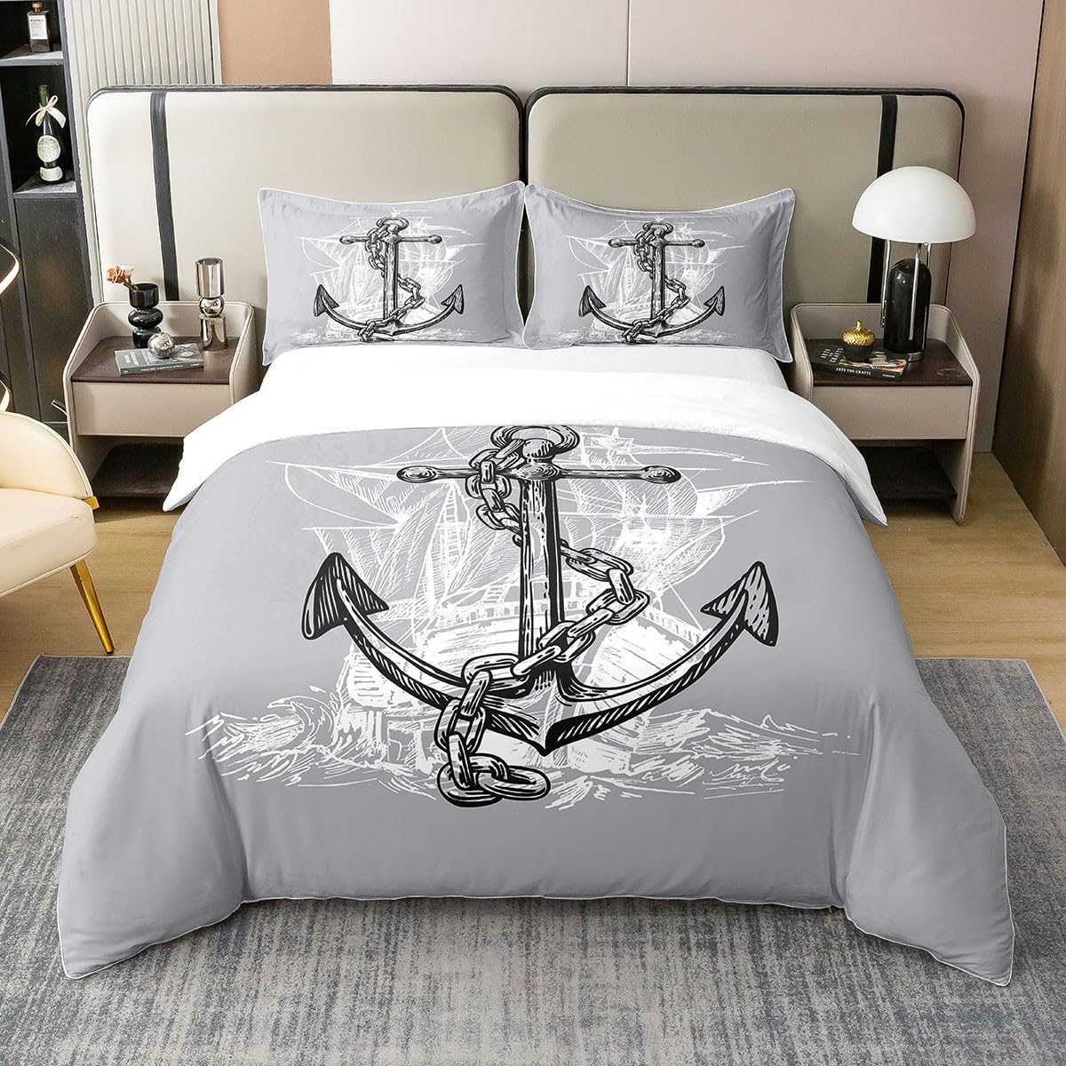 Housse de couette 200x200cm ancre marine en coton pour calmer le sommeil enfant