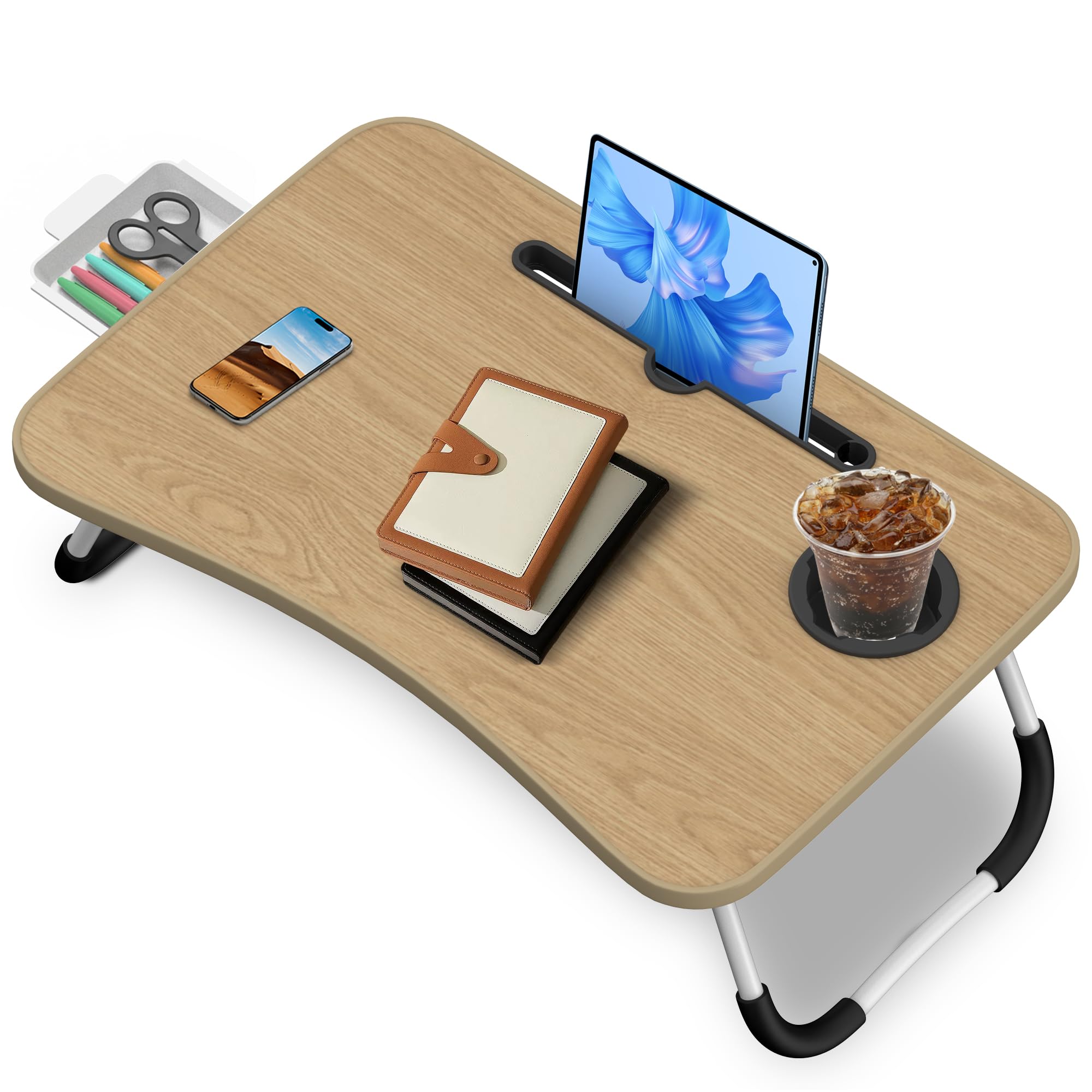 Soontrans Plateau de Lit, 60 x 40 x 28 cm, Table de lit avec Porte Gobelet, Tablette Support, Tiroir, Support Ordinateur Portable Lit, Table Lit Pliable pour Lit, Canapé, étude, Travail(Couleur Bois)