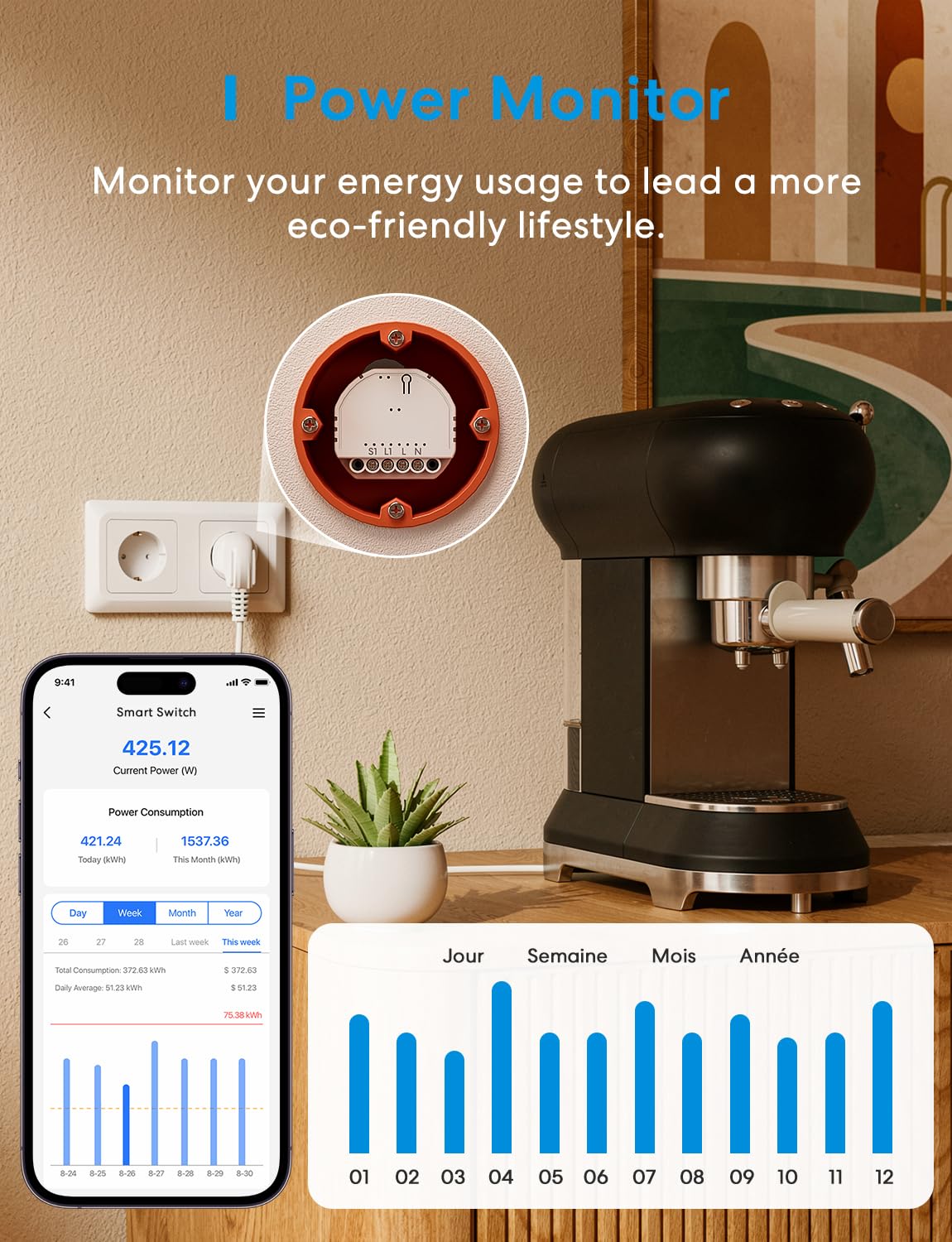 Meross Inteligentny Włącznik WiFi, Inteligentny Włącznik światła, Mini włącznik ścienny, Sterowanie głosem, Kompatybilny z Apple HomeKit, Alexa, Google Home i SmartThings, 1 szt