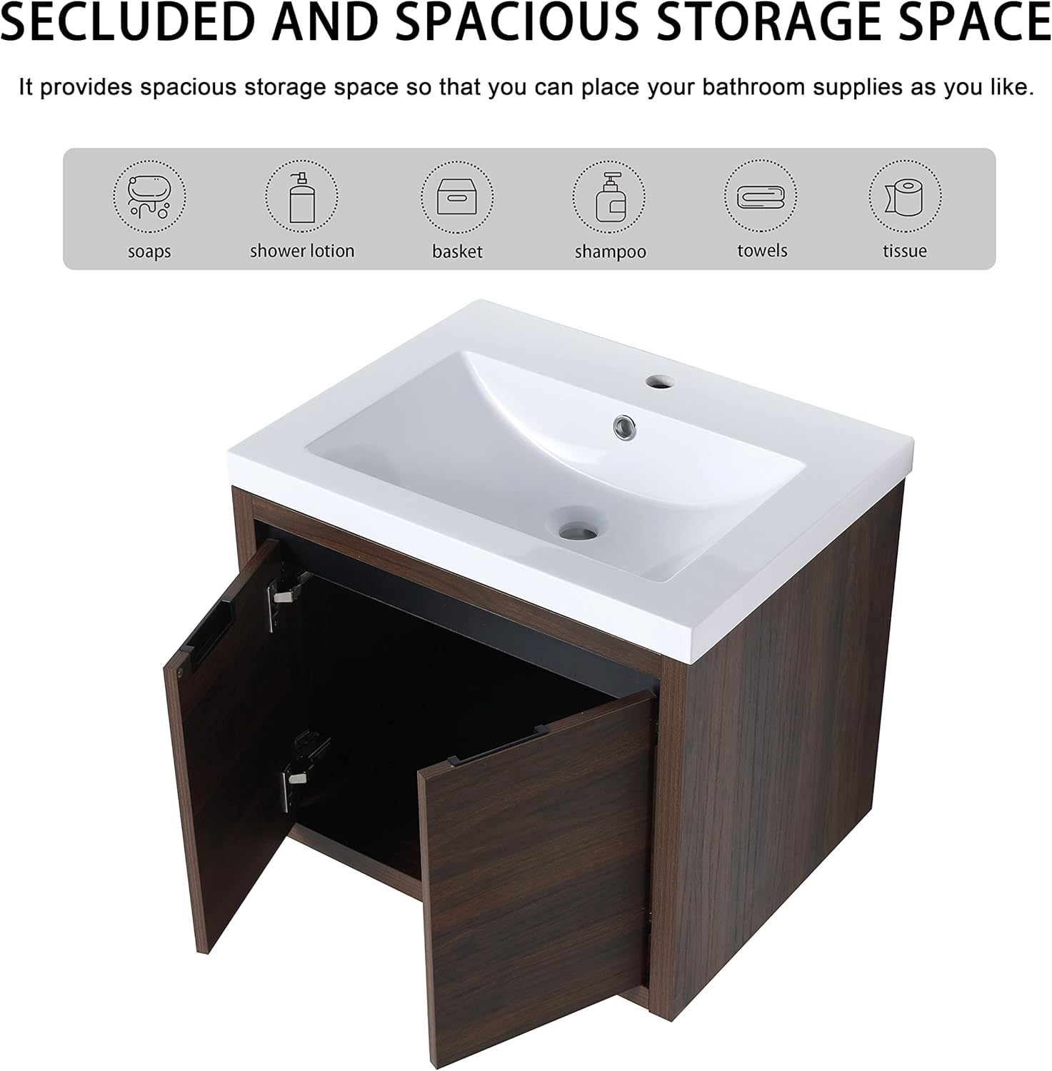 24 Inch Bathroom Vanity with Sink, 24" Floating Vanity, Premium Plywood Wooden Bathroom Cabinet with 2 Doors, Modern Wall Mounted Cabinet Set with White Ceramic Sink, Silent Operation (Brown)