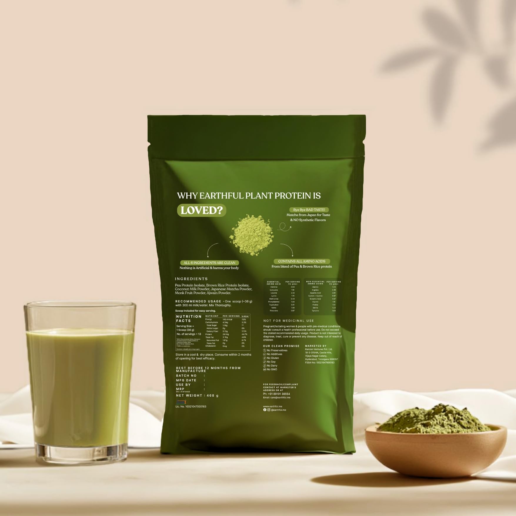 Earthful Honest Plant Protein | 24g Protein/Serving & 4.9g BCCAs | For Weight Management, Energy, Muscle Support & Recovery | Made with Pea & Brown Rice | Japanese Matcha - 468g 1