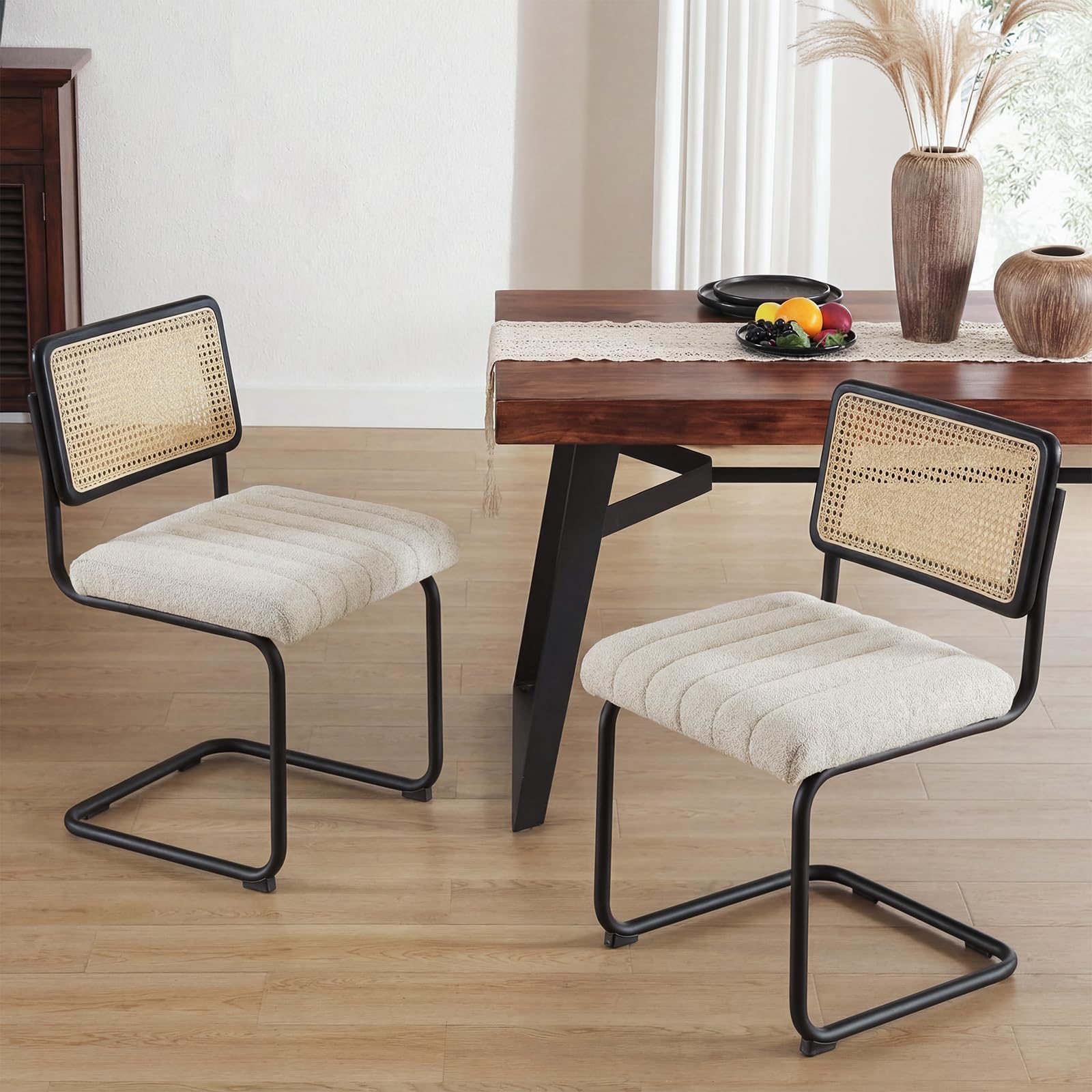 ONEVOG Mid Century Modern Dining Chairs Set of 2, Upholstered Linen Fabric Kitchen Chair with Natural Rattan Cane Back, Comfy Wide Seat and Metal Leg, Armless Cantilevered Dining Chairs, Beige