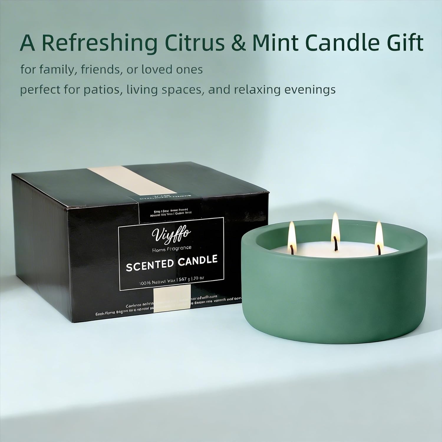 Viyffo Large Citrus & Mint Candle Outdoor, 3 Wick 20oz Scented Candle Indoor, Non Toxic Soy Candle, Green Ceramic Jar for Patio, Deck, Garden, Backyard, Camping, Home Fragrance, Décor & Gift