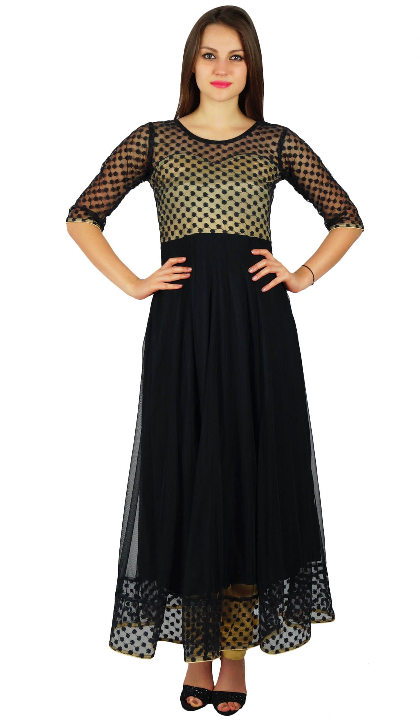 Bimba Womens Black Net Anarkali Kurta Kurti Long Formal Dress Chic Clothing