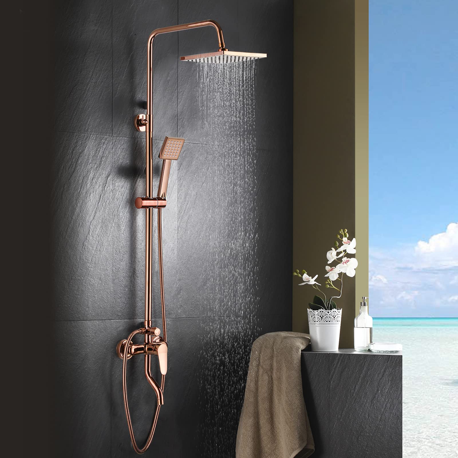 Rose Gold Shower System 8 In Wall Mounted Rainfall Shower Head System, Bathroom Luxury Rain Mixer Shower Combo Set with 3-Setting Handheld Rain Shower head