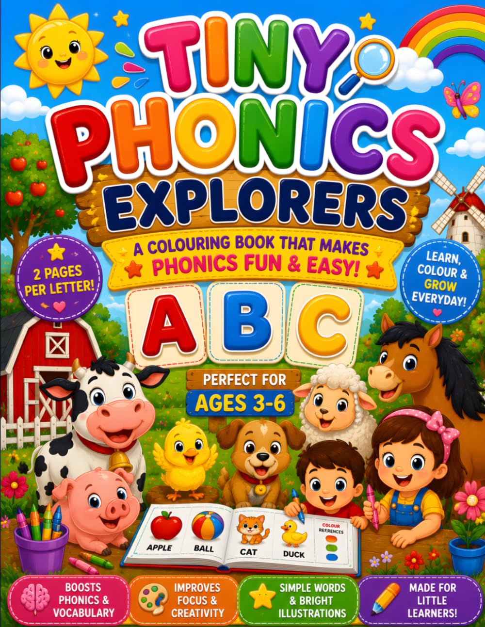 Tiny Phonics Explorers: Fun Phonics Coloring Book for Kids Ages 3–6 | Alphabet Learning, Vocabulary Building, Cute Picture Coloring Pages & Color Reference Images for Preschool and Kindergarten