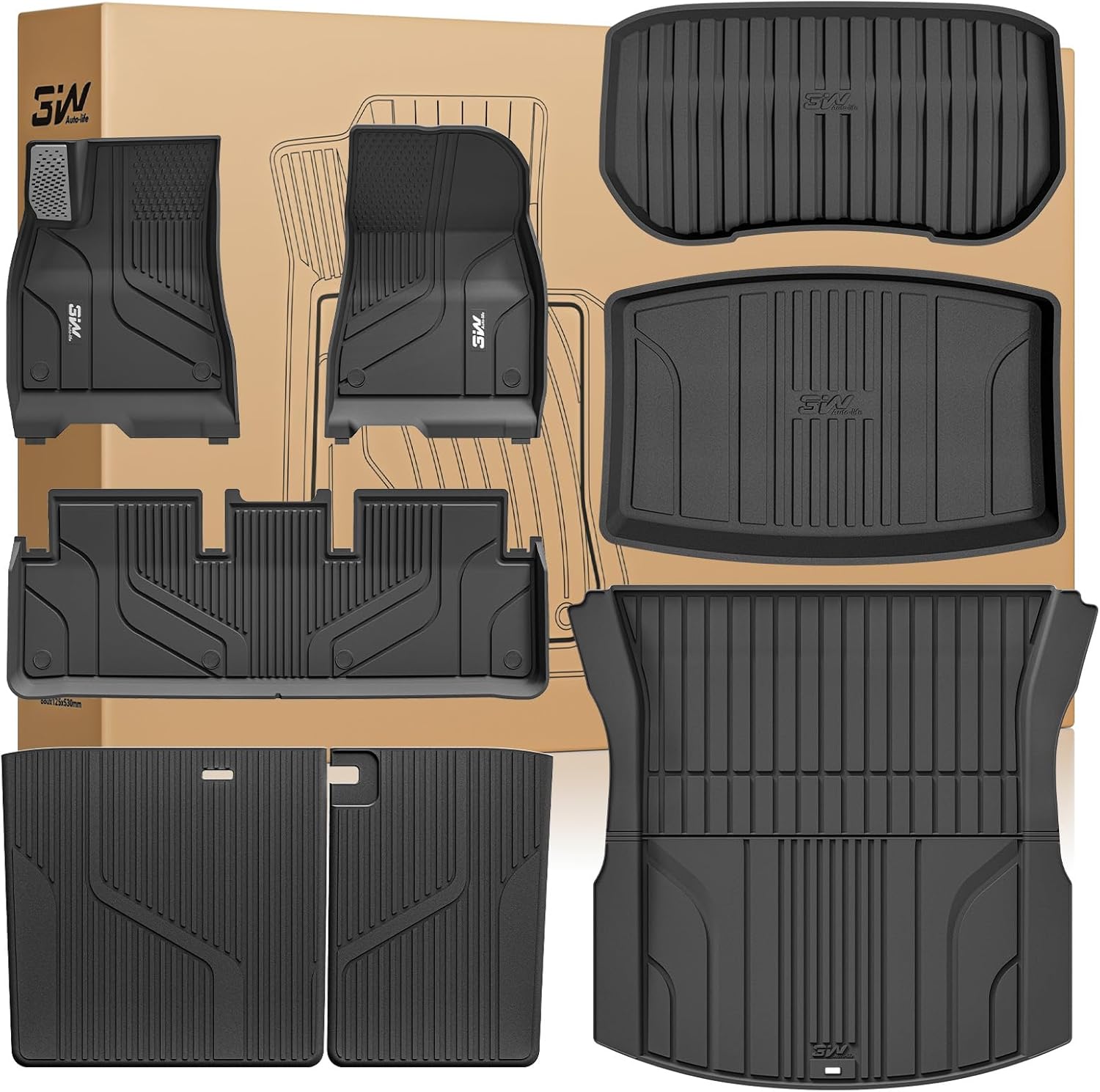 3W Tesla Model 3 Floor Mats 2026 2025 2024 with Mental Pedal, Full Set with Seatback Protector, Highland All Weather Custom Fit Rear Trunk Mat Accessories Black
