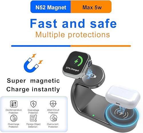 Miniatura 3 de Cargador de Apple Watch, base magnética de carga rápida compatible con iWatch Series Ultra/SE/10/9/8/7/6/5, para Apple Watch, cargador Airpod, cable