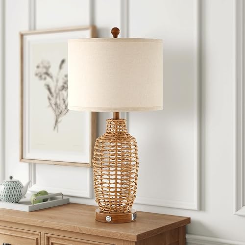 Miniatura 9 de Juego de 2 lámparas de mesa de ratán de mimbre de 3 vías regulables con control táctil, lámparas costeras rústicas con puerto USB para dormitorio,