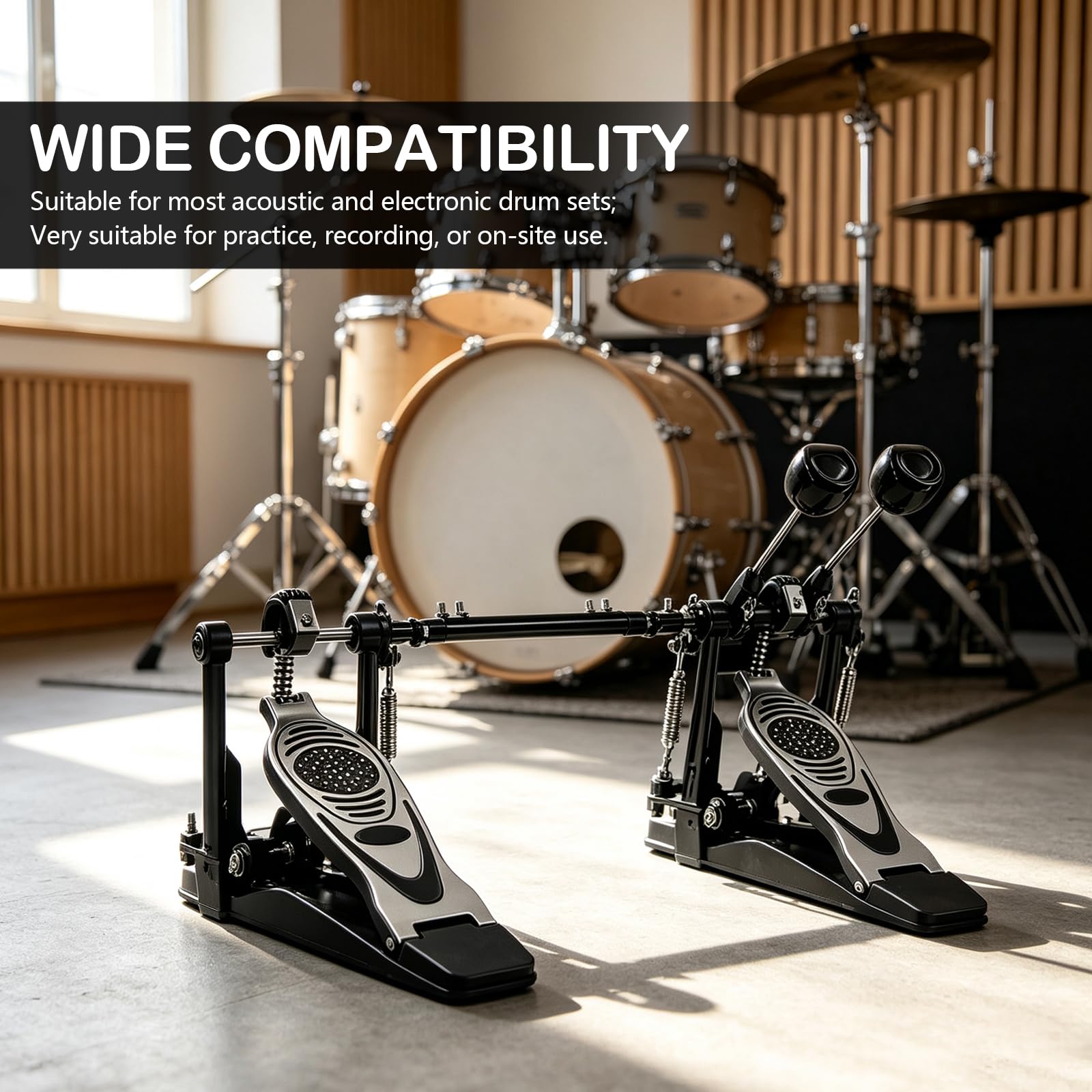 Doble Pedal Bombo para Batería, Pedal Doble Profesional con Transmisión de Doble Cadena Accesorios de Percusión para Batería de Jazz y PrácticaIncluye Barra de Conexión y Llaves de Ajuste