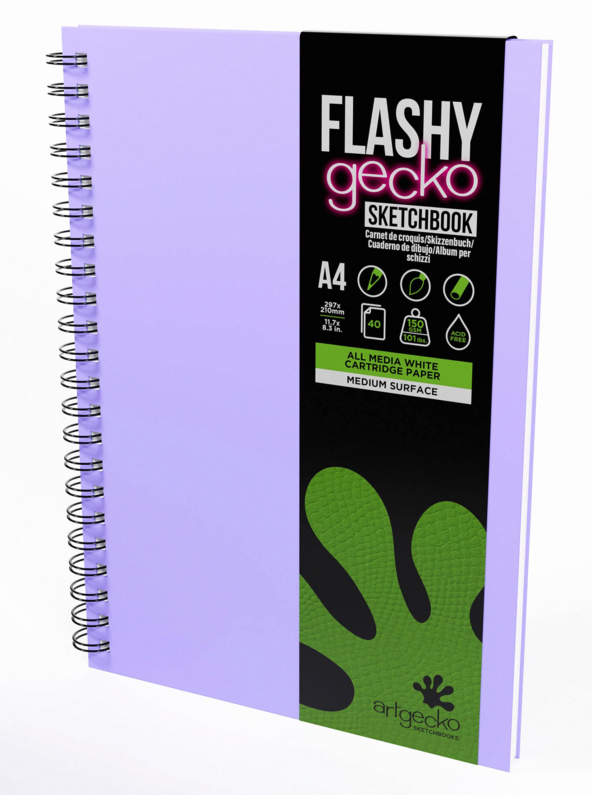 ArtgeckoFlashy Sketchbook (Purple, A4) - 80 Pages (40 Sheets) 150gsm Acid Free White Cartridge Paper