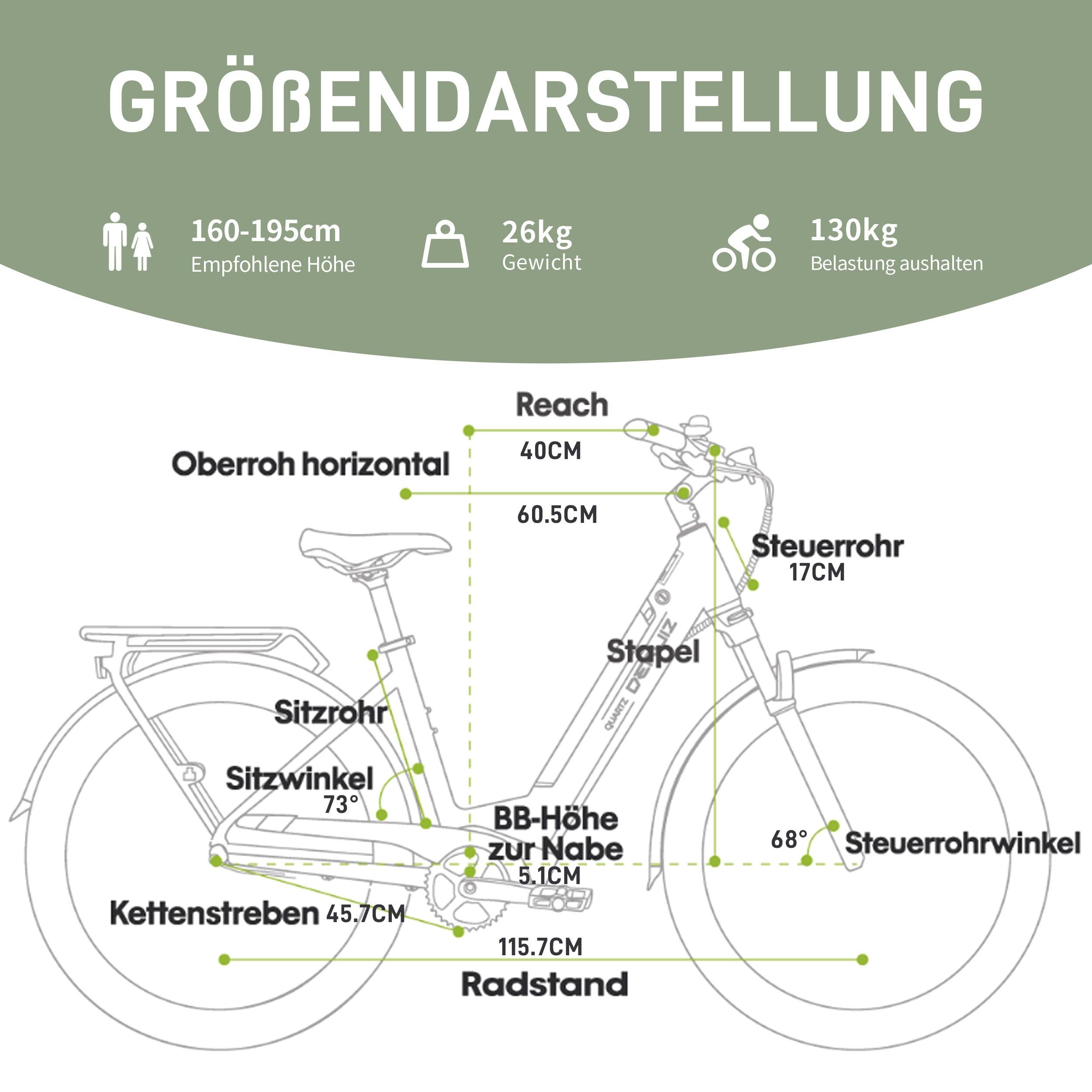 DERUIZ Quartz SUV E-Bike 27,5 Zoll Tiefeinsteiger Damen & Herren StVZO | 250W Heckmotor 55 Nm, 48V 644Wh Akku bis 160 km, Shimano 8-Gang, hydraulische Scheibenbremsen, RH 46 cm