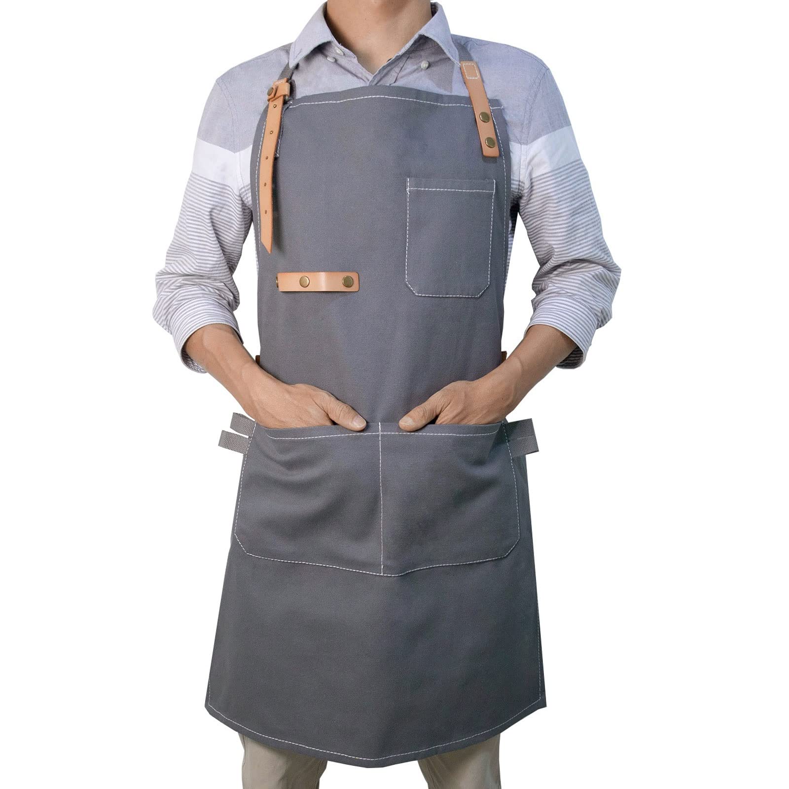 Grembiule in tela con bavaglino in pelle grembiule da cucina a prova di olio uomo donna tasca casa barbiere caffè giardino artigianato grembiuli