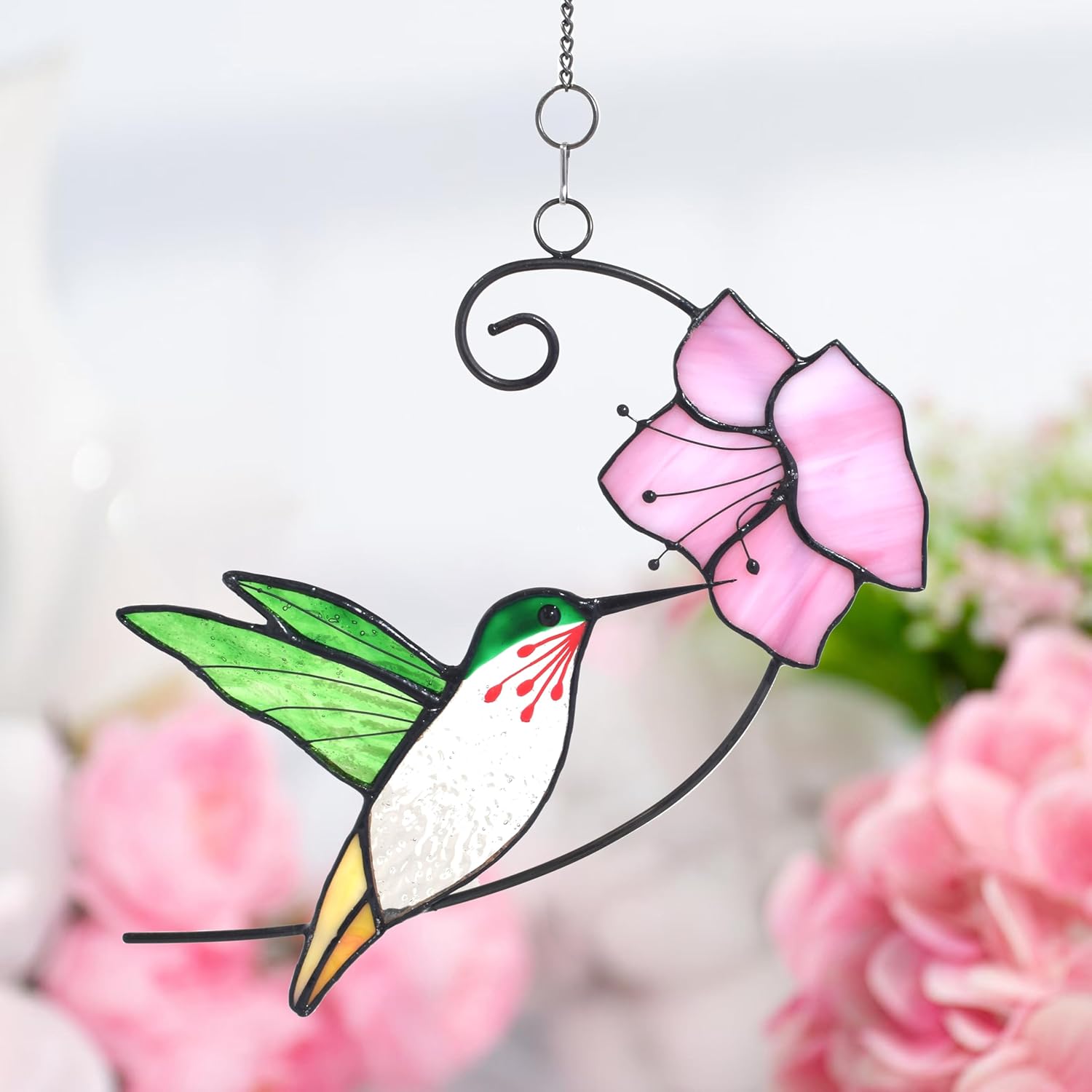 Lolitarcrafts Hummingbird with Flower Stained Glass Suncatcher Bird Stained Glass Window Hangings Hummingbird Gift for Home Decor (Green with Flower) - Image 2