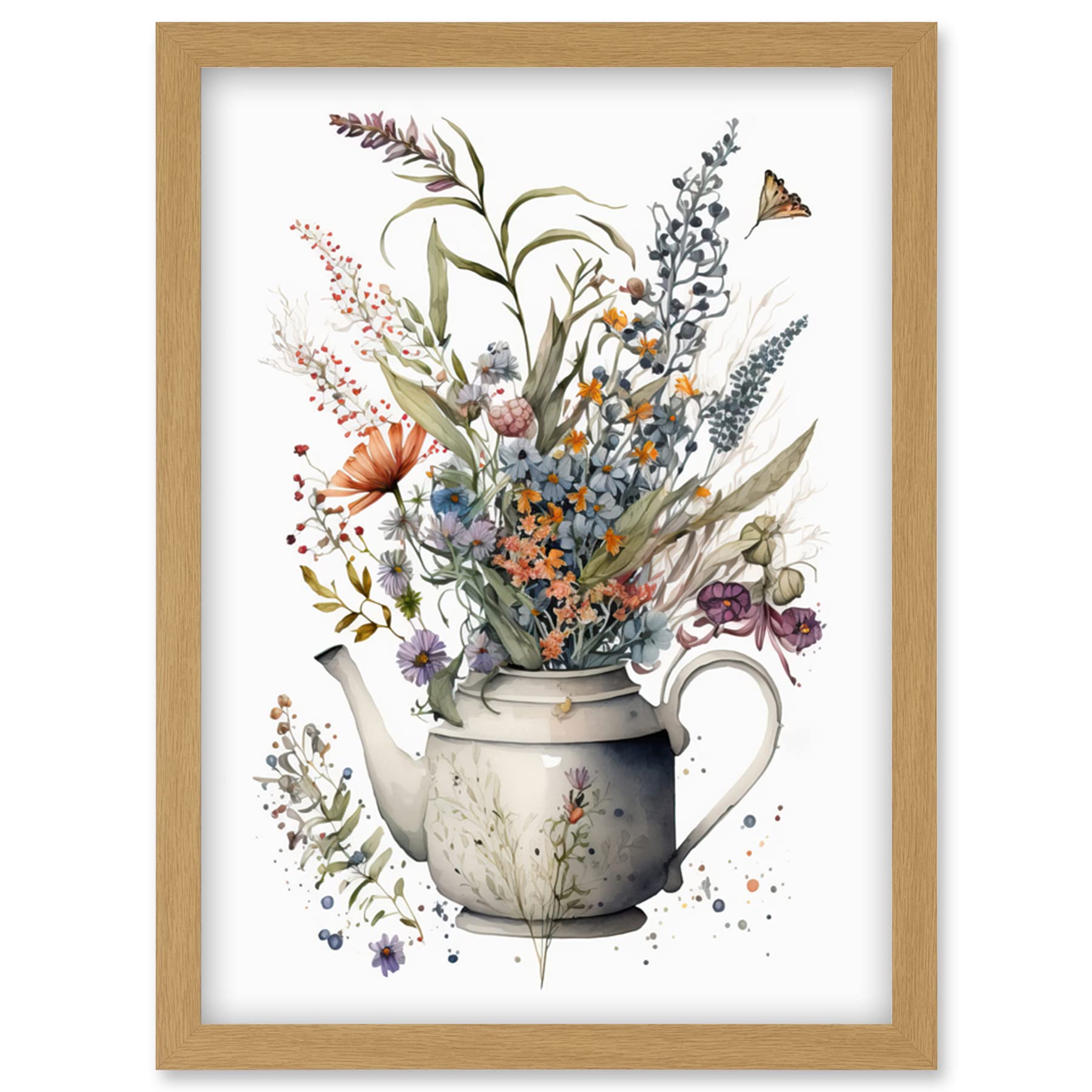 A4 Framed Wall Art Print - Spring Wildflower Bouquet in White Ceramic Teapot - Artery8