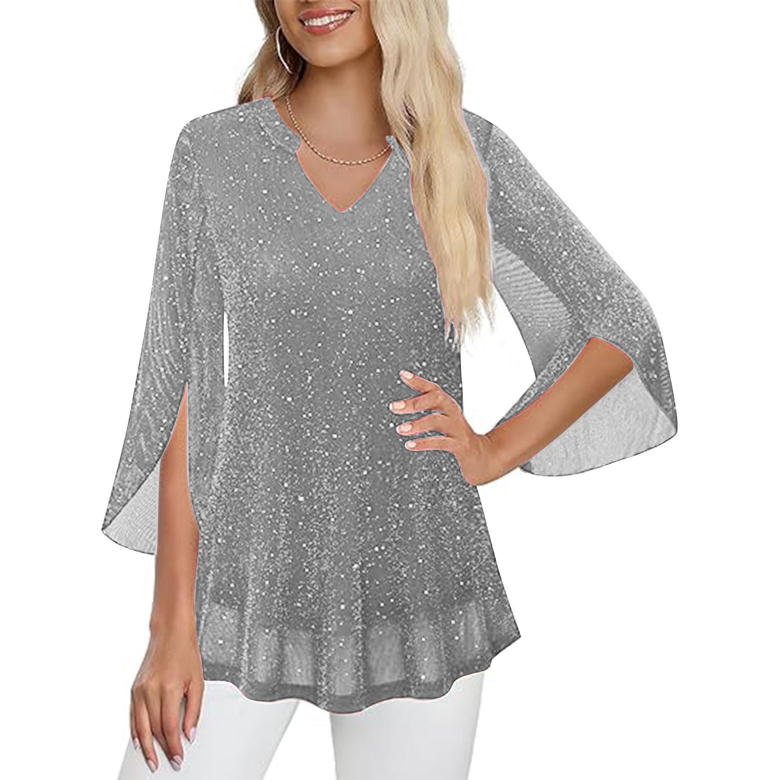 Ybing Camicette e tuniche da donna eleganti con glitter a 3/4, maniche a 3/4, con paillettes scollo a V, camicetta Y2K, tunica festiva, leggera, per feste, maglietta sottile con glitter