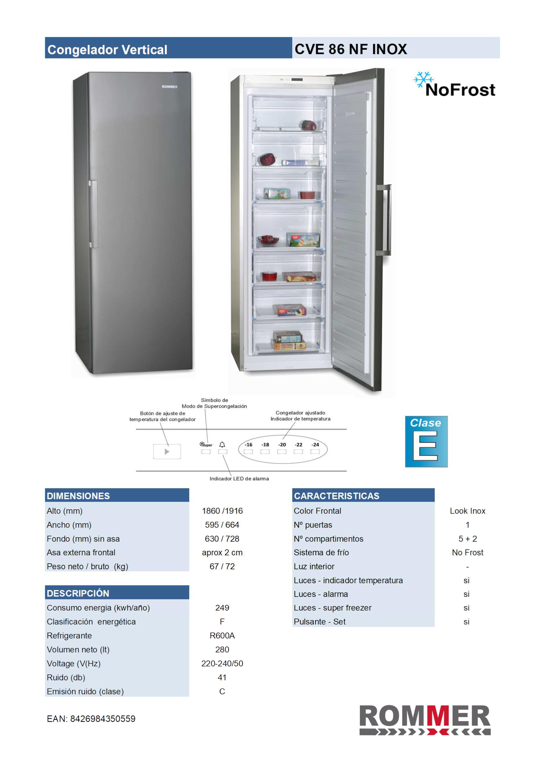 Congelador Vertical Rommer CVE 86 NF INOX, Capacidad 280 Litros, Color INOX, No Frost