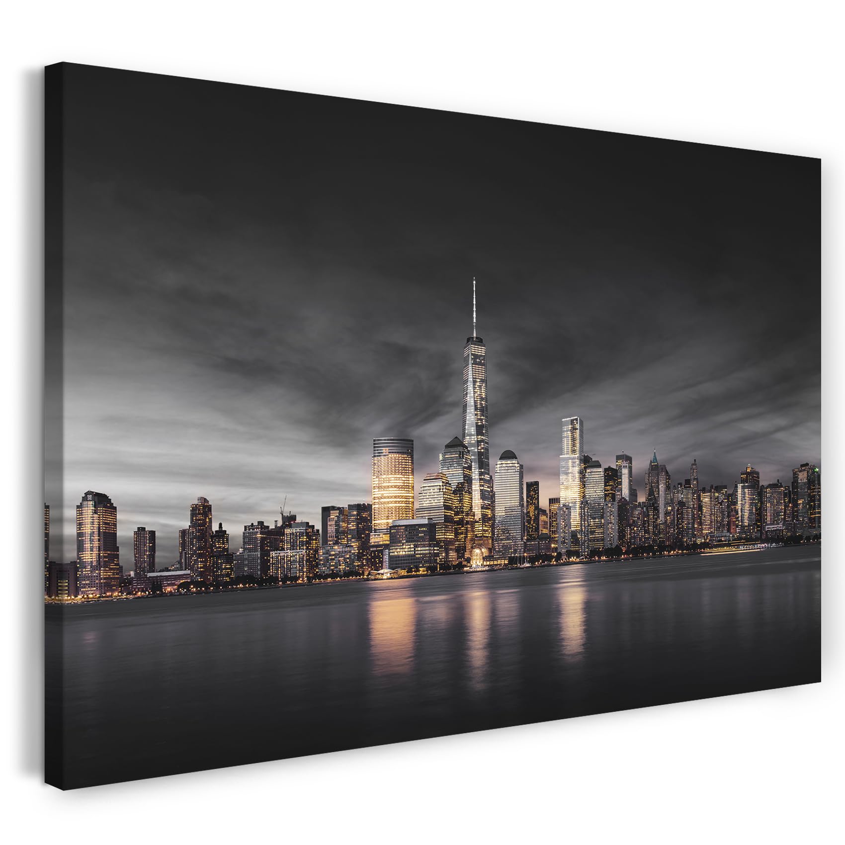Printistico Impression sur toile (100x70 cm) Horizon de New York avec gratte-ciel, photographie USA - Amérique, cadre en bois véritable avec crochet,