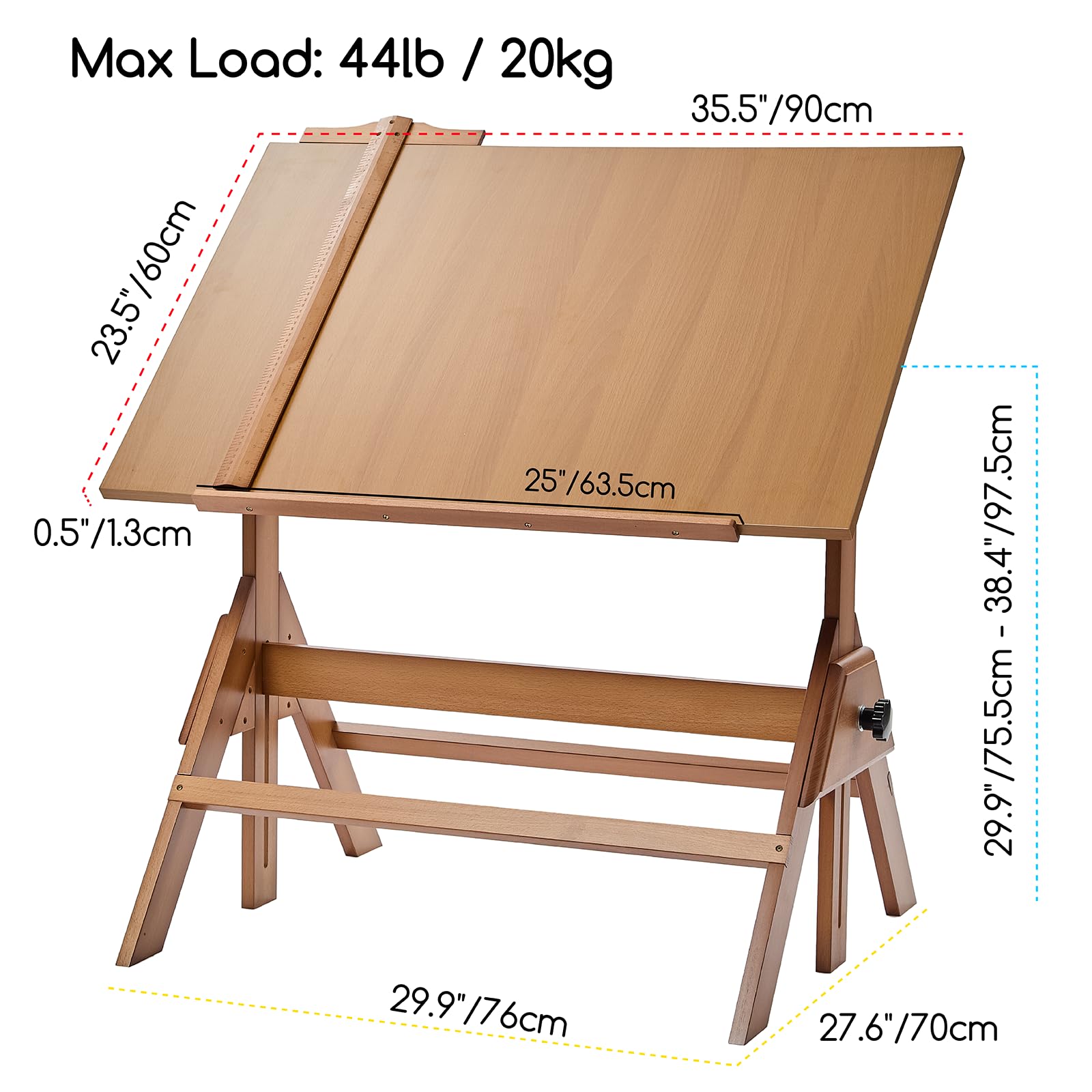 MEEDEN Stół kreślarski: 90 x 60 cm drewniany stół artystyczny o różnych